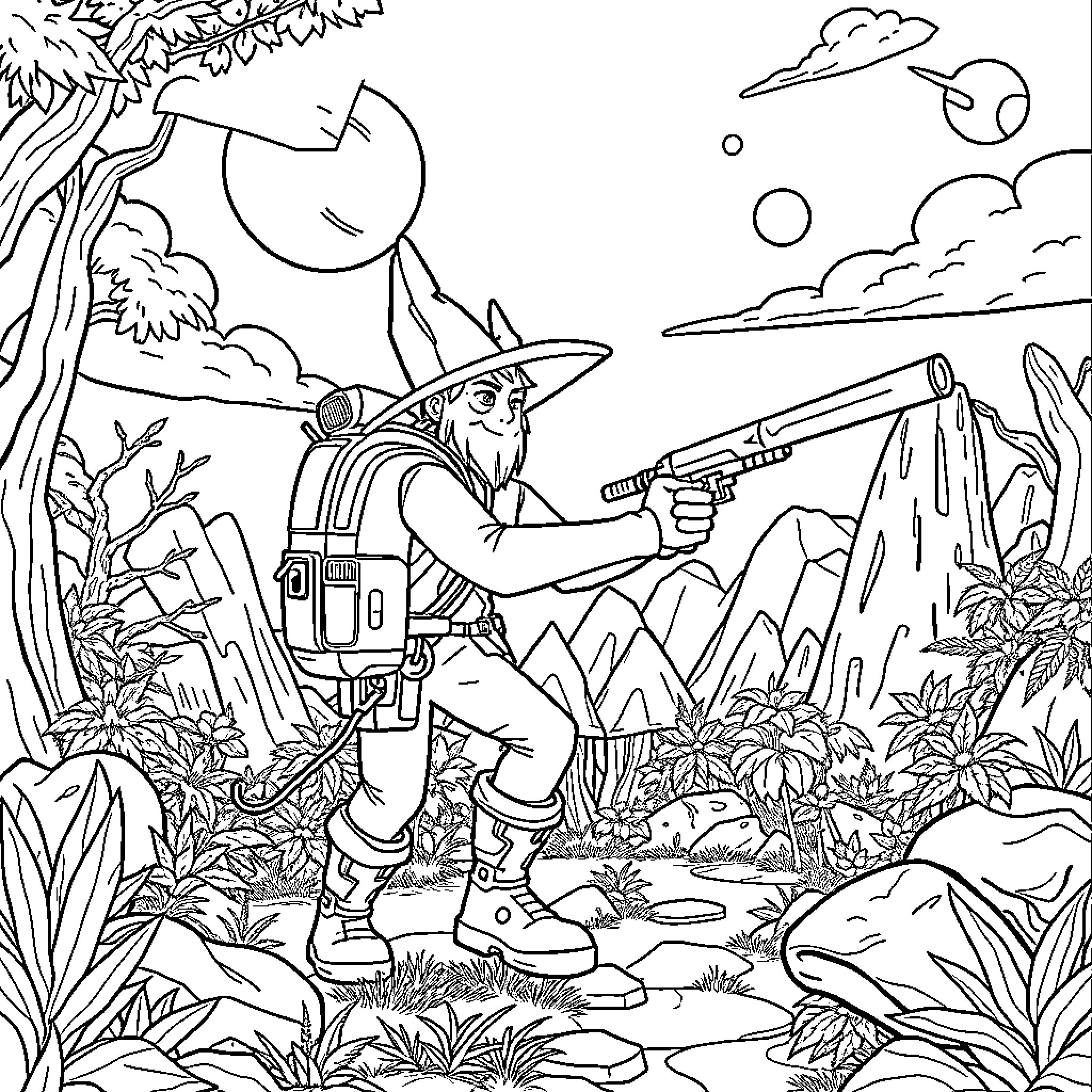 Huntrix exploring the wild jungle landscape Coloring Page (free black-and-white line drawing printable PDF for all, from beginners to advanced learners, including children, teens, adults, and seniors)