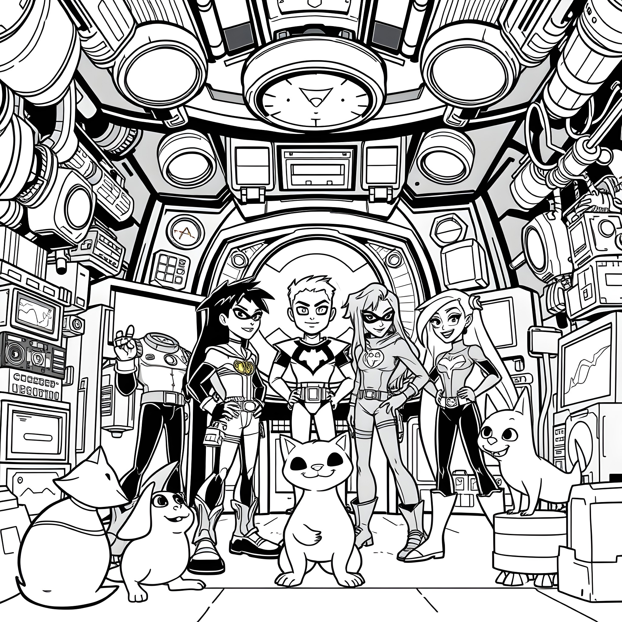 Teen Titans in Futuristic Lair Coloring Page (free black-and-white line drawing printable PDF for all, from beginners to advanced learners, including children, teens, adults, and seniors)