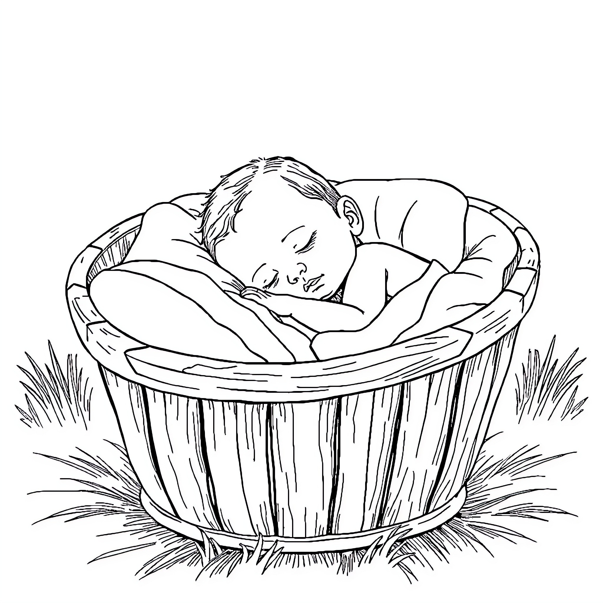 Baby sleeping peacefully in a wooden basket Coloring Page (free black-and-white line drawing printable PDF for all, from beginners to advanced learners, including children, teens, adults, and seniors)