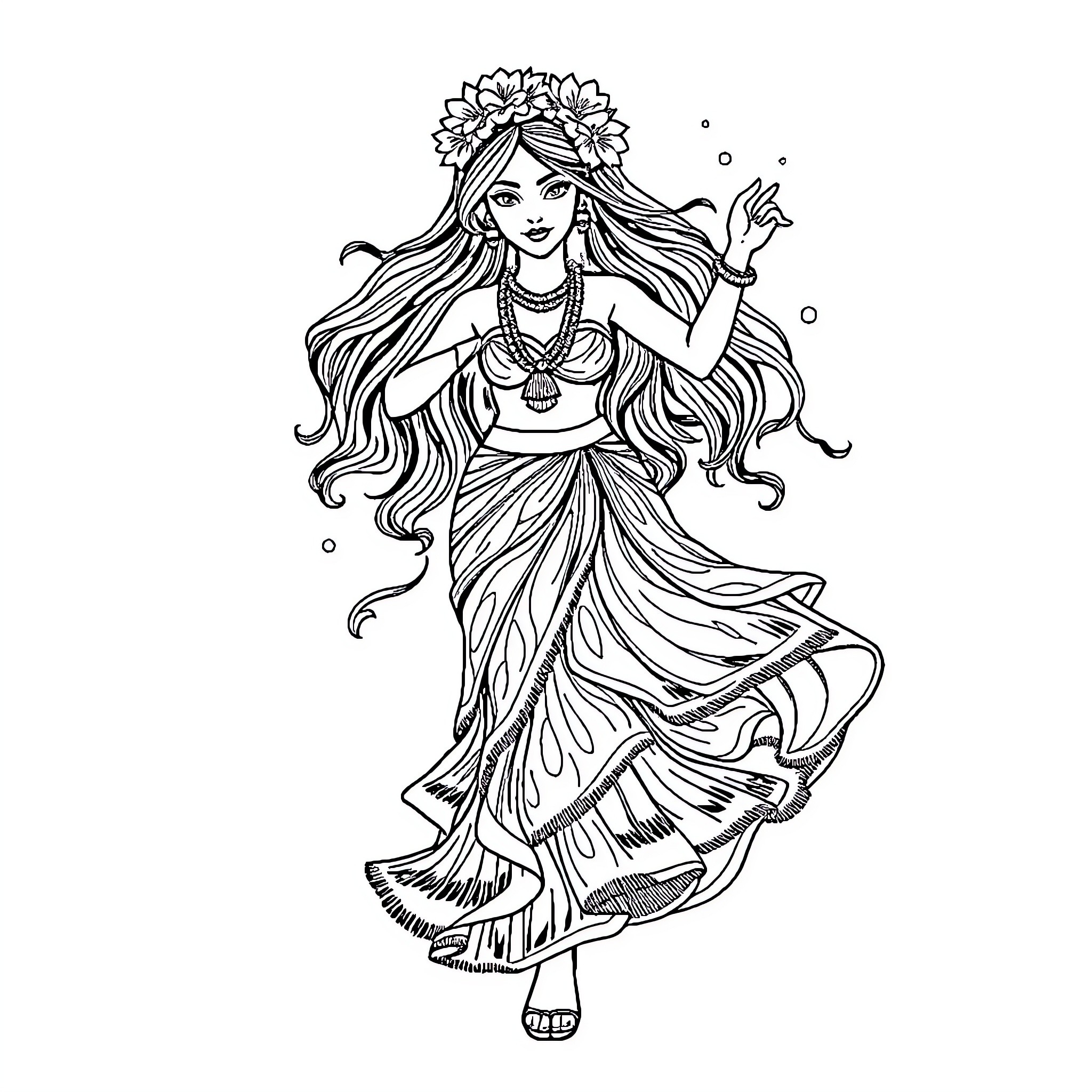 Flecha - Graceful Maiden in Flowing Attire Coloring Page (free black-and-white line drawing printable PDF for all, from beginners to advanced learners, including children, teens, adults, and seniors)