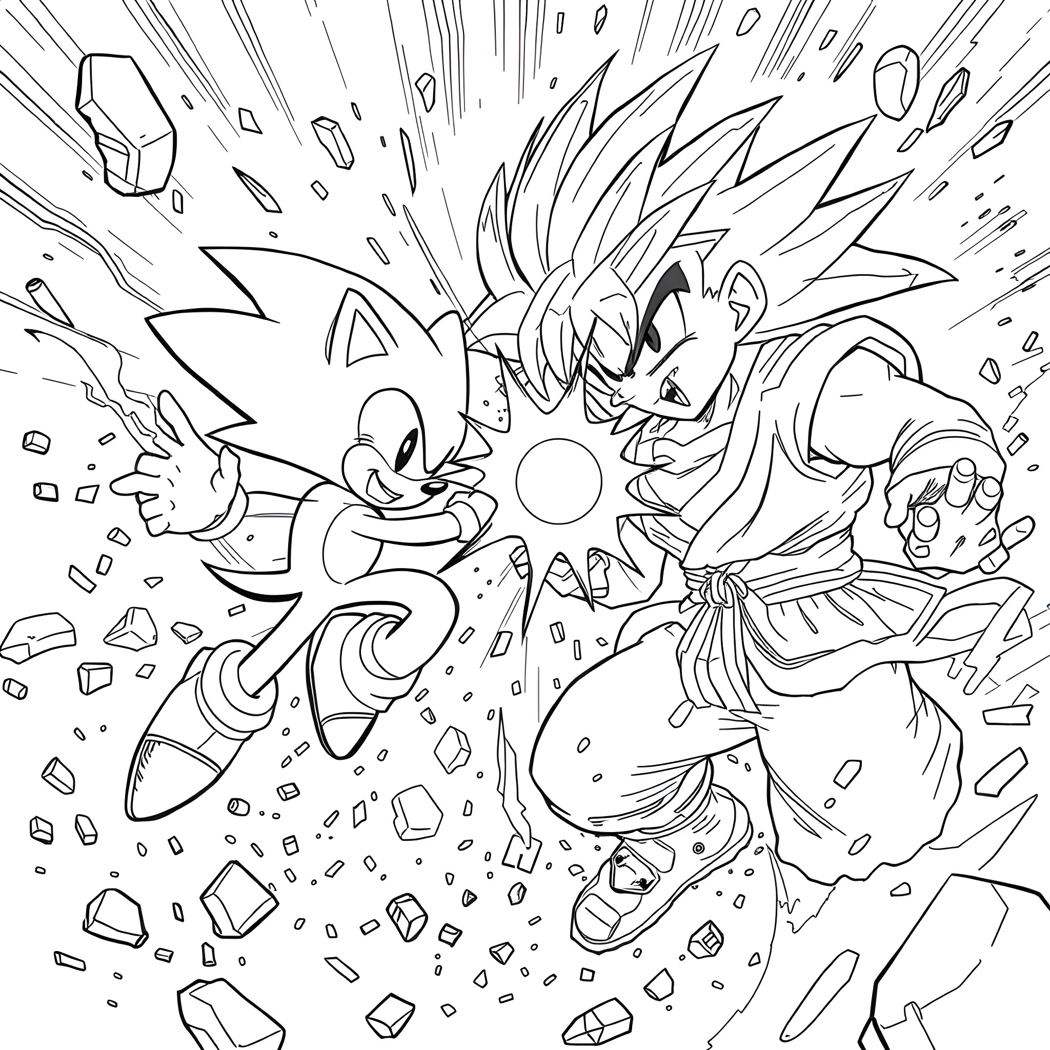 Sonic characters in an energetic battle scene Coloring Page (free black-and-white line drawing printable PDF for all, from beginners to advanced learners, including children, teens, adults, and seniors)