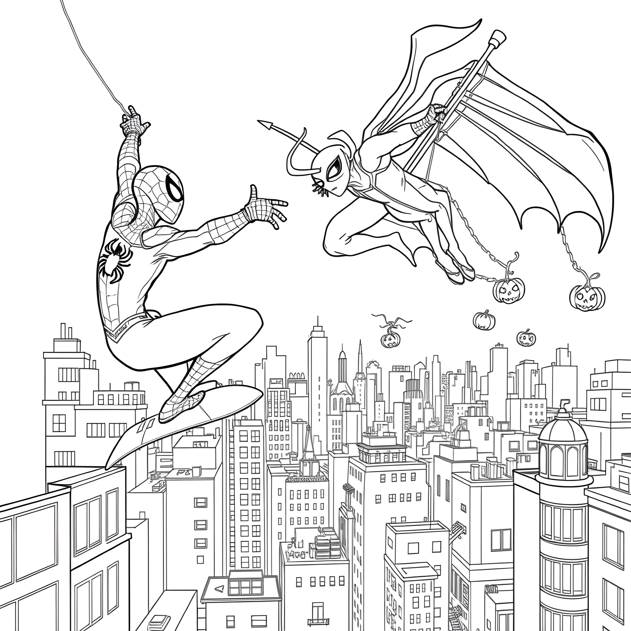 Spider-Man leaping into action against a winged foe over cityscape Coloring Page (free black-and-white line drawing printable PDF for all, from beginners to advanced learners, including children, teens, adults, and seniors)