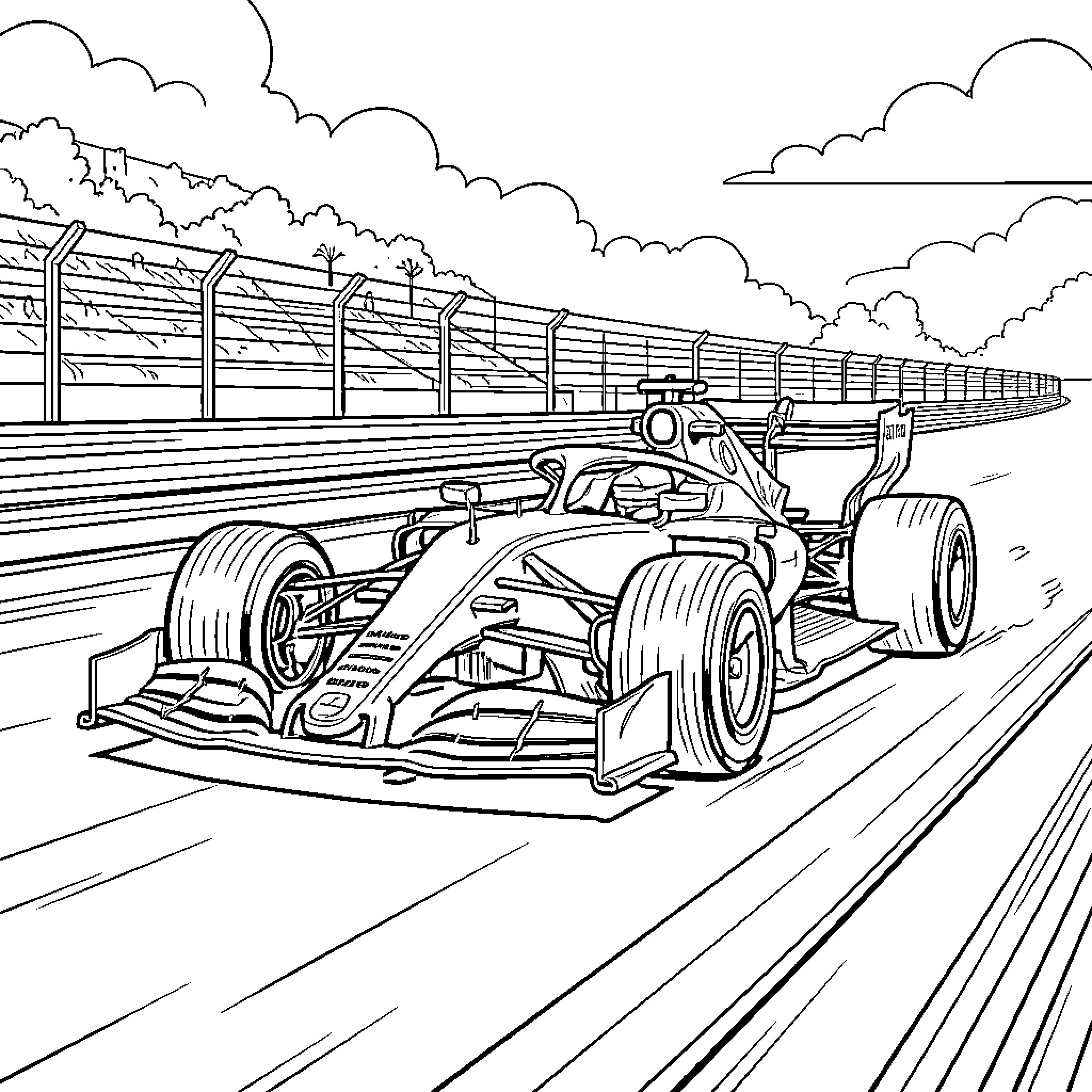 Formula 1 Race Car Speeding on the Track Coloring Page (free black-and-white line drawing printable PDF for all, from beginners to advanced learners, including children, teens, adults, and seniors)
