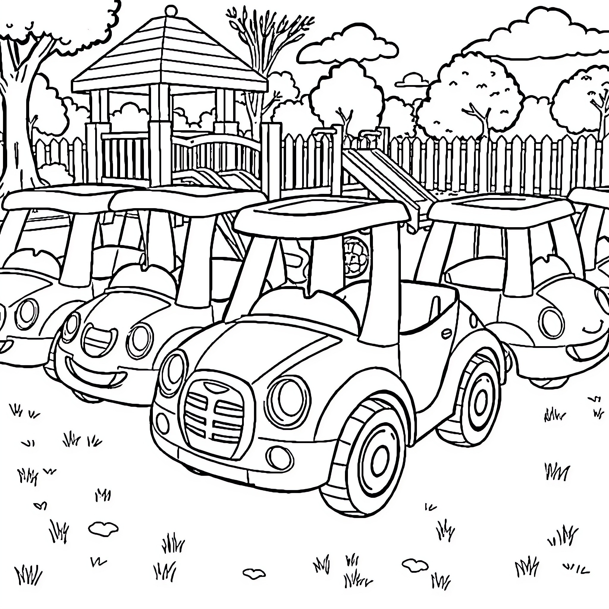 Tike Car Parade in Whimsical Park Coloring Page (free black-and-white line drawing printable PDF for all, from beginners to advanced learners, including children, teens, adults, and seniors)