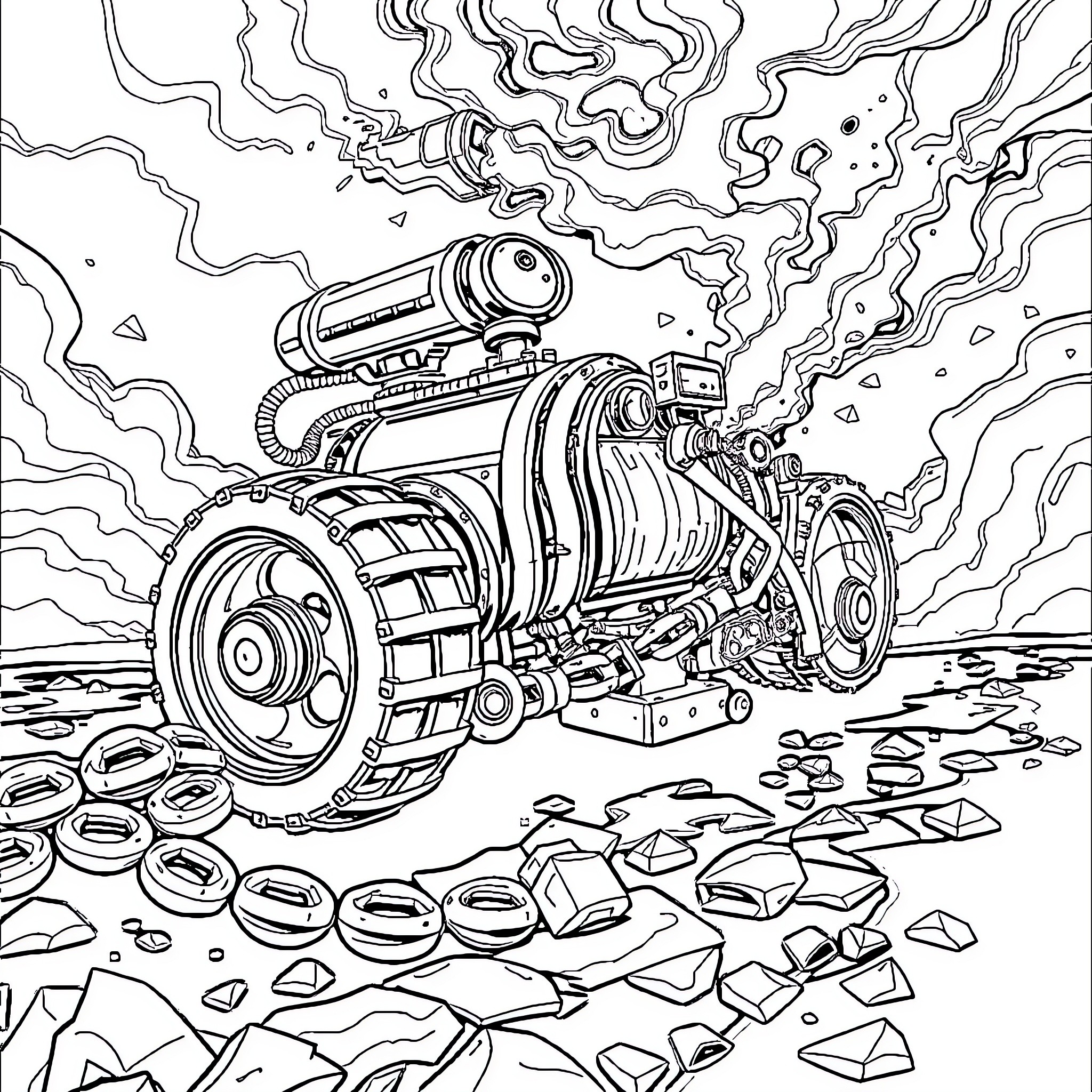 Machine Powered Exploration Vehicle in Harsh Terrain Coloring Page (free black-and-white line drawing printable PDF for all, from beginners to advanced learners, including children, teens, adults, and seniors)