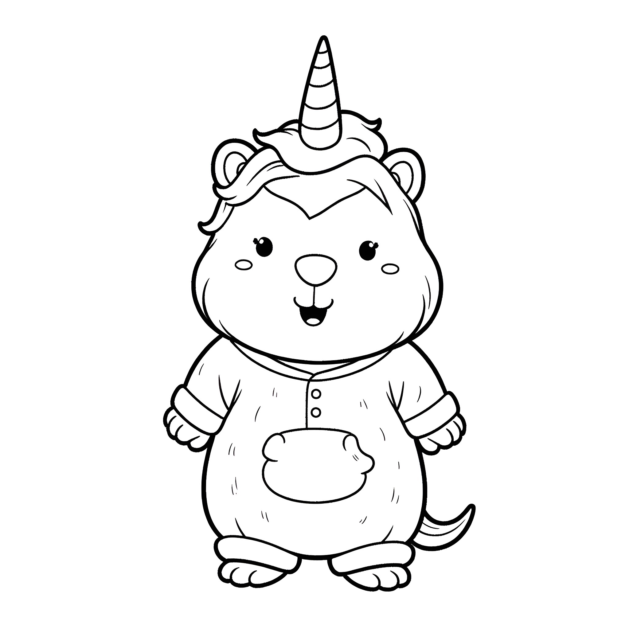 Capybara unicorn in cute outfit Coloring Page (free black-and-white line drawing printable PDF for all, from beginners to advanced learners, including children, teens, adults, and seniors)