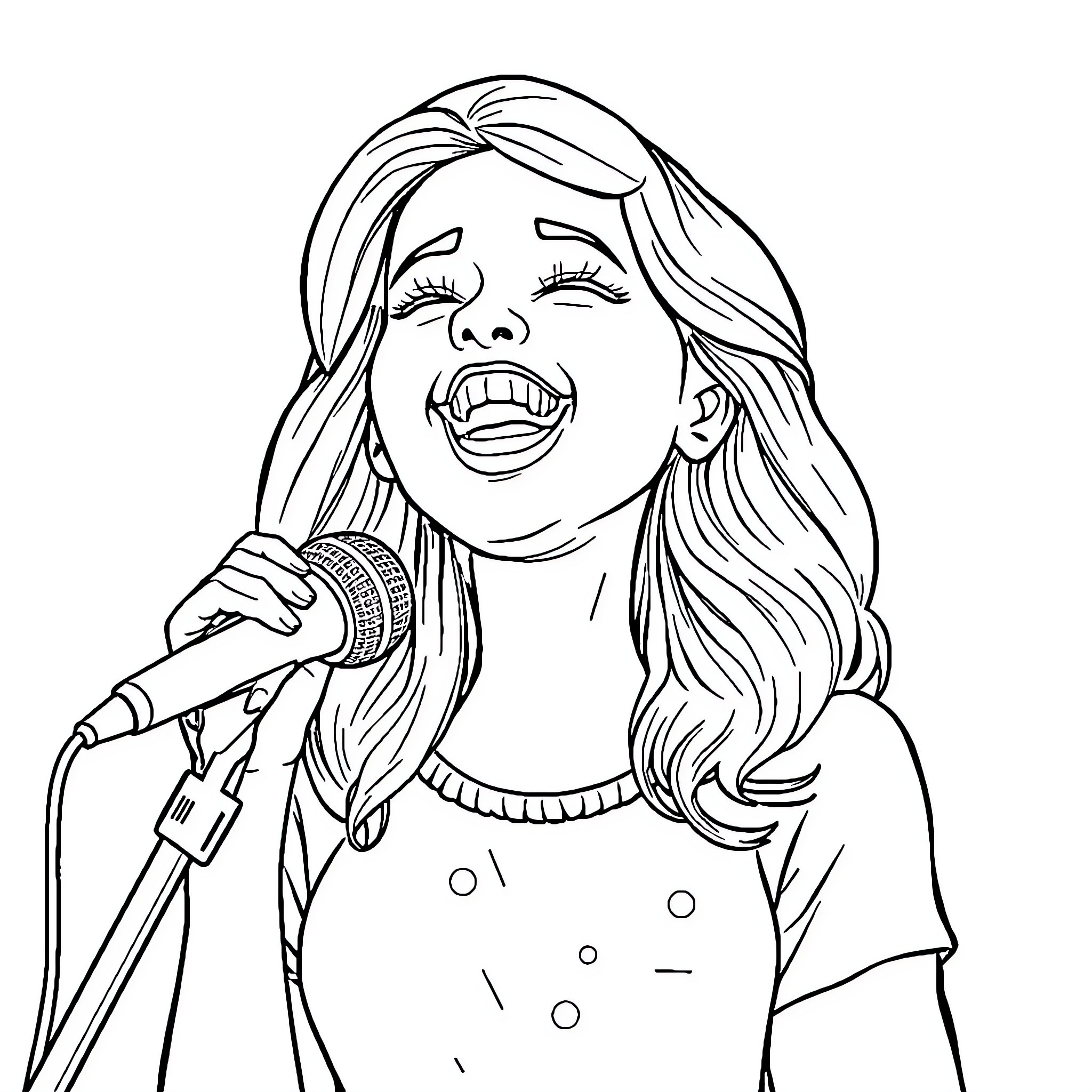 Miss Rachel singing passionately on stage Coloring Page (free black-and-white line drawing printable PDF for all, from beginners to advanced learners, including children, teens, adults, and seniors)