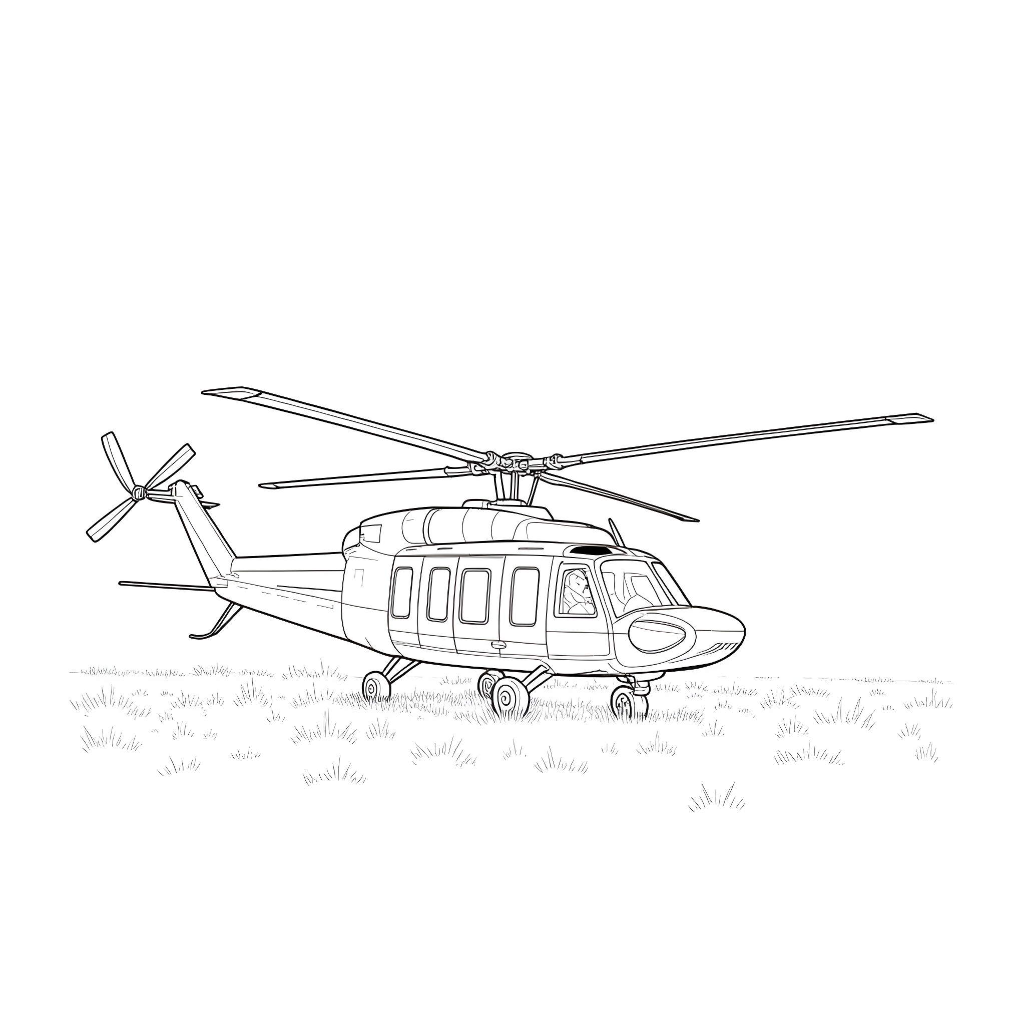 UH-1 Huey helicopter landing on grassy field Coloring Page (free black-and-white line drawing printable PDF for all, from beginners to advanced learners, including children, teens, adults, and seniors)