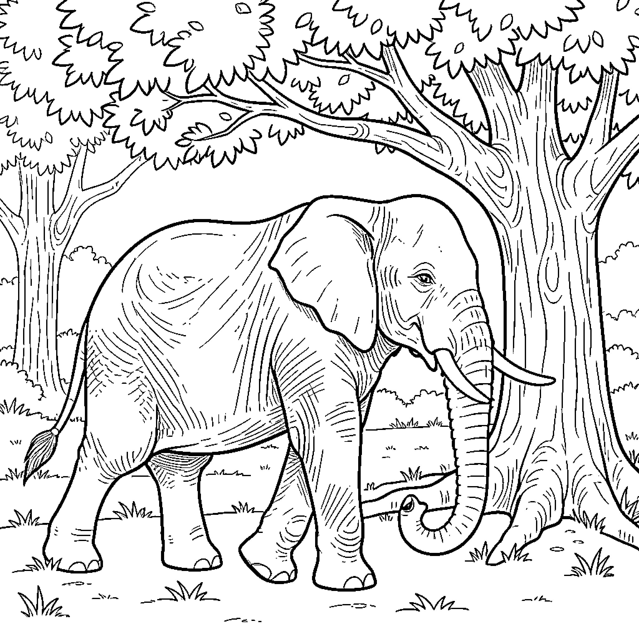 Elephant in a Serene Forest Coloring Page (free black-and-white line drawing printable PDF for all, from beginners to advanced learners, including children, teens, adults, and seniors)