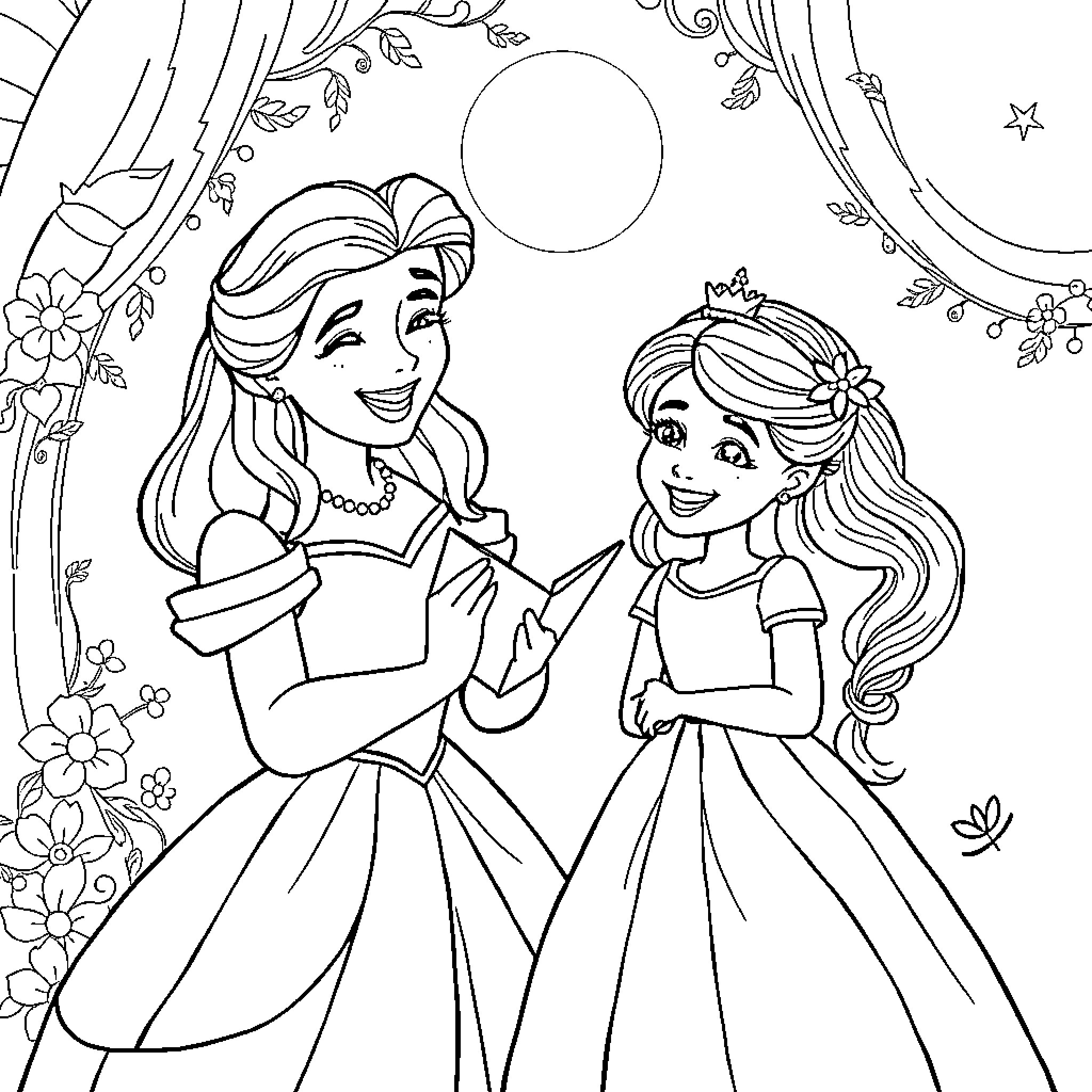 Princess Sisters Enjoy Playful Moments Together Coloring Page (free black-and-white line drawing printable PDF for all, from beginners to advanced learners, including children, teens, adults, and seniors)