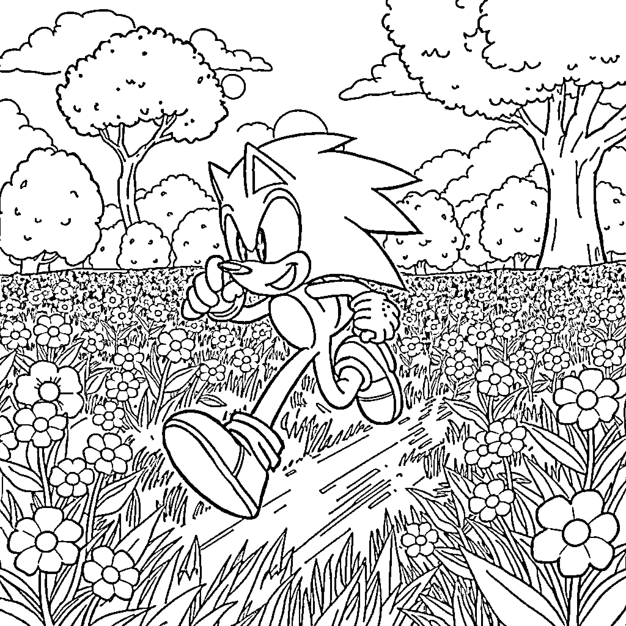 Sonic running through a flowery meadow Coloring Page (free black-and-white line drawing printable PDF for all, from beginners to advanced learners, including children, teens, adults, and seniors)