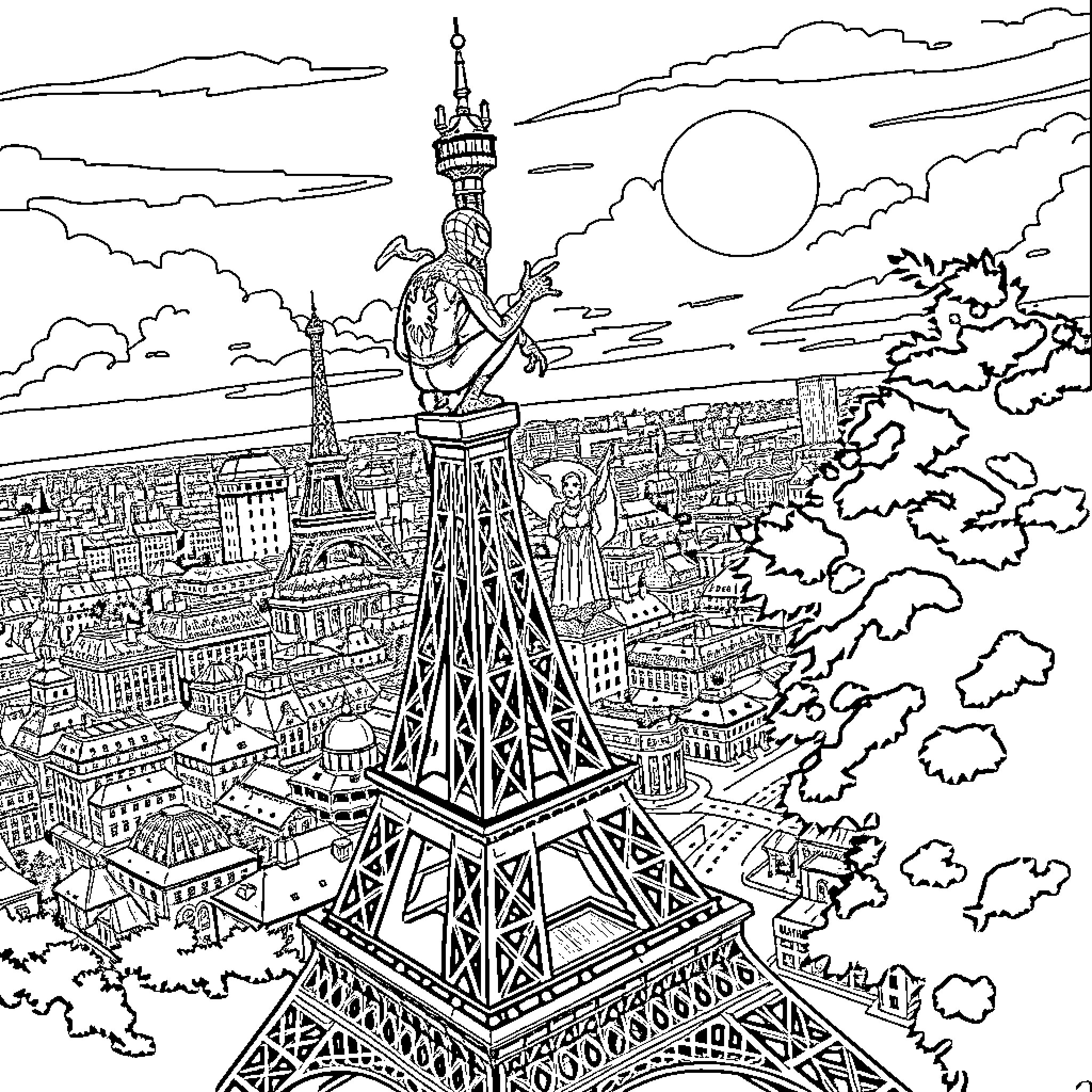 Spiderman swinging across the cityscape of Paris Coloring Page (free black-and-white line drawing printable PDF for all, from beginners to advanced learners, including children, teens, adults, and seniors)