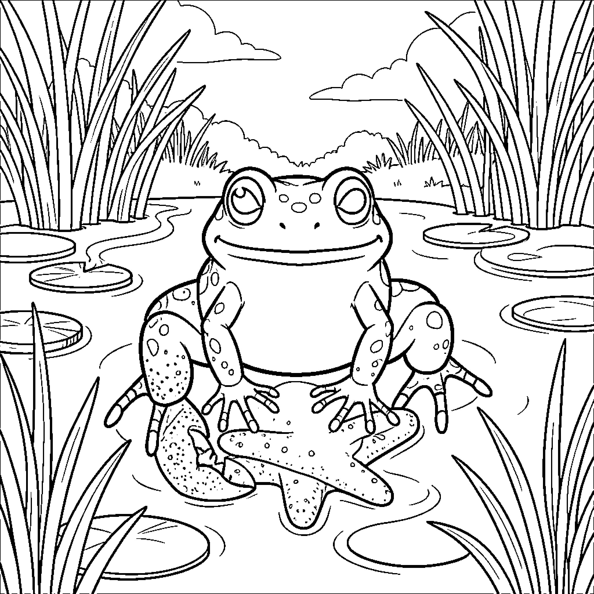 Grenouille sitting happily on a lily pad in a pond Coloring Page (free black-and-white line drawing printable PDF for all, from beginners to advanced learners, including children, teens, adults, and seniors)