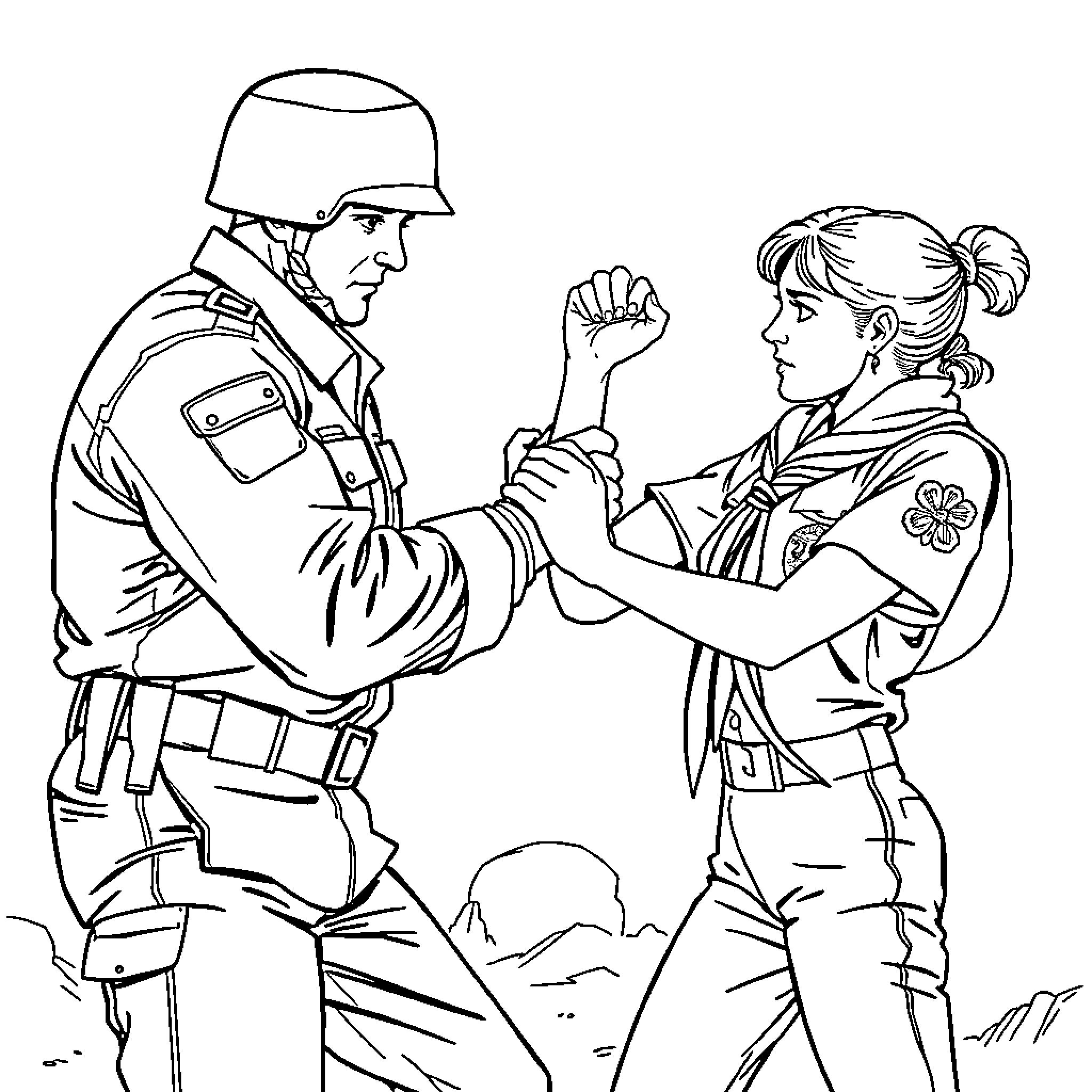 Army Man and Girl Scout Engage in Friendly Interaction Coloring Page (free black-and-white line drawing printable PDF for all, from beginners to advanced learners, including children, teens, adults, and seniors)