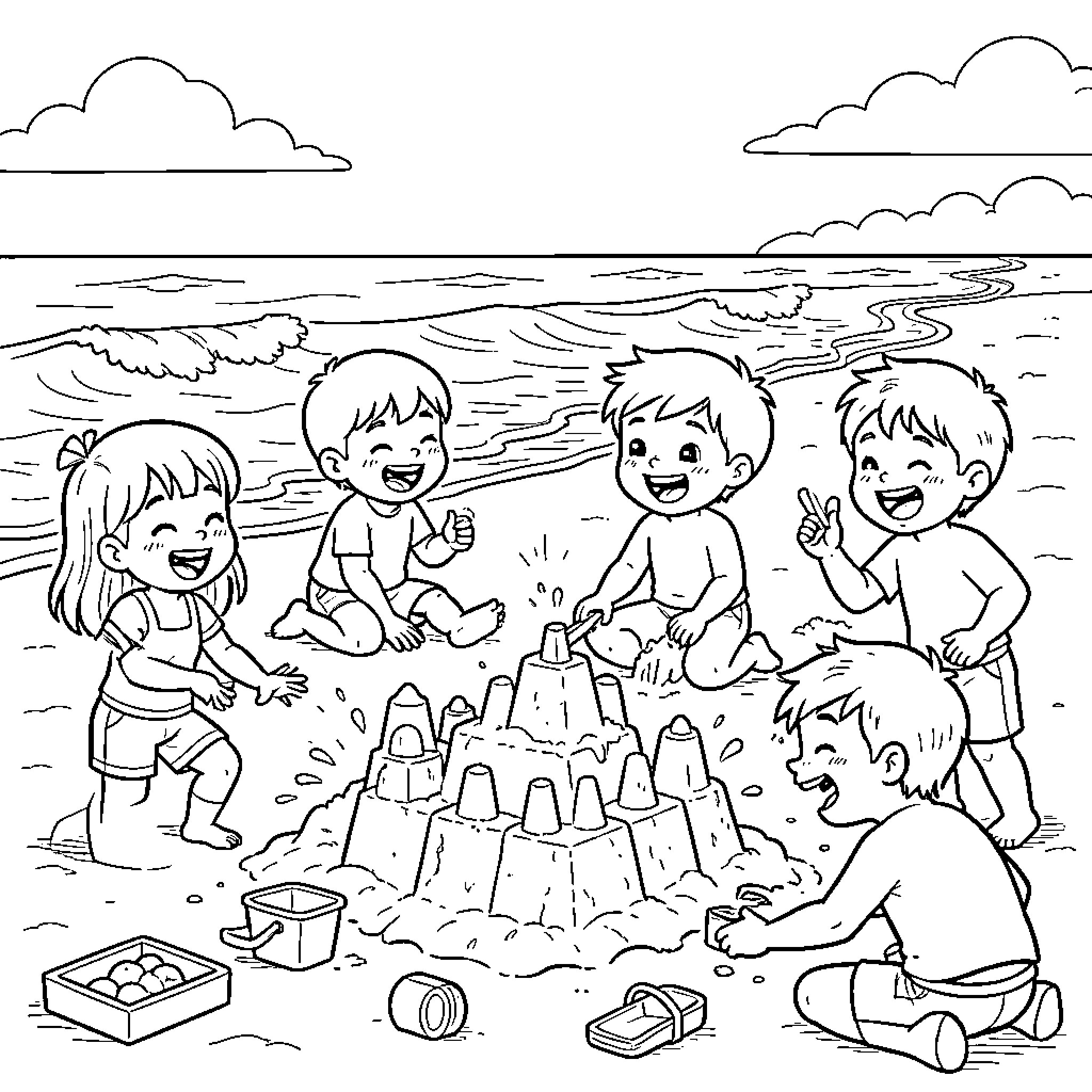 Friends building a large sandcastle on the beach Coloring Page (free black-and-white line drawing printable PDF for all, from beginners to advanced learners, including children, teens, adults, and seniors)