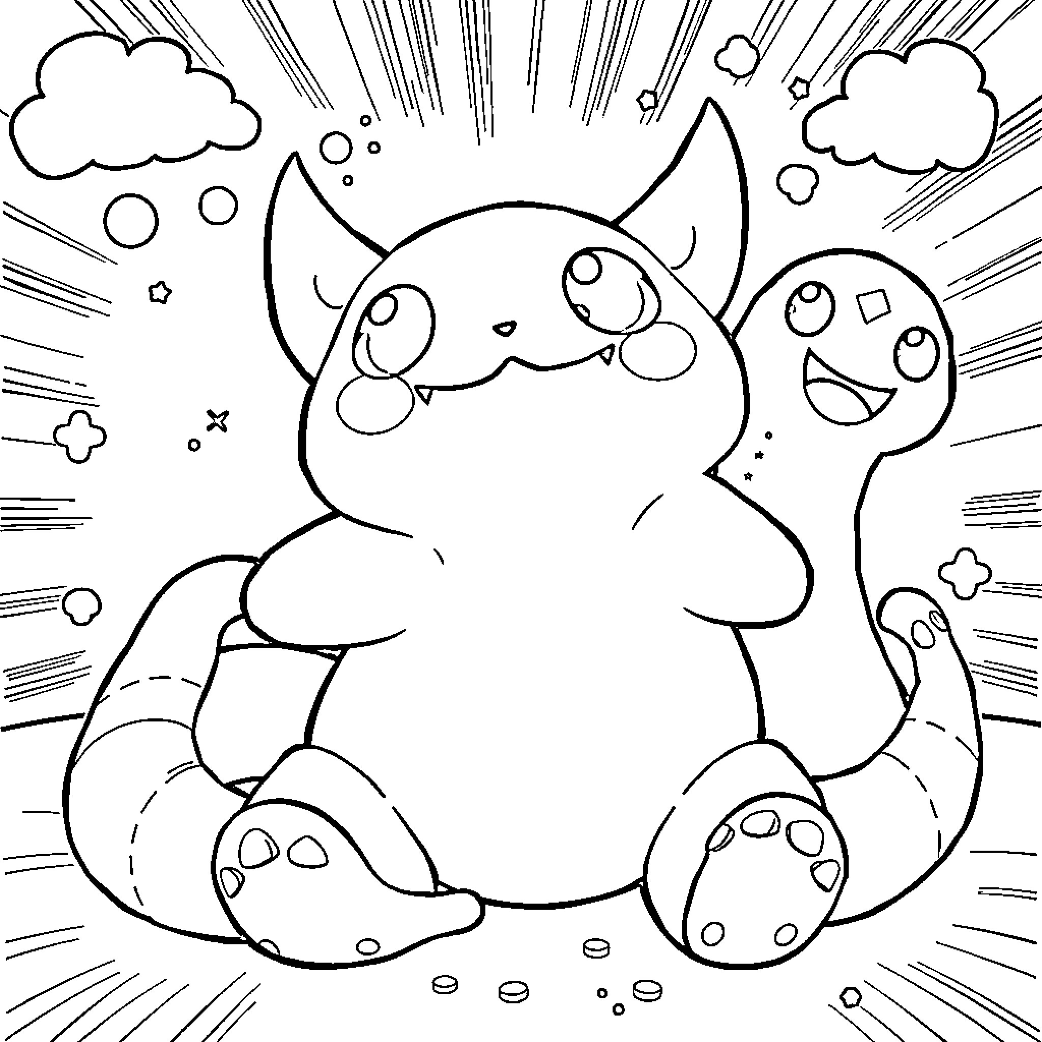 Goojitzu - Playful Cartoon Creatures in Dynamic Scene Coloring Page (free black-and-white line drawing printable PDF for all, from beginners to advanced learners, including children, teens, adults, and seniors)