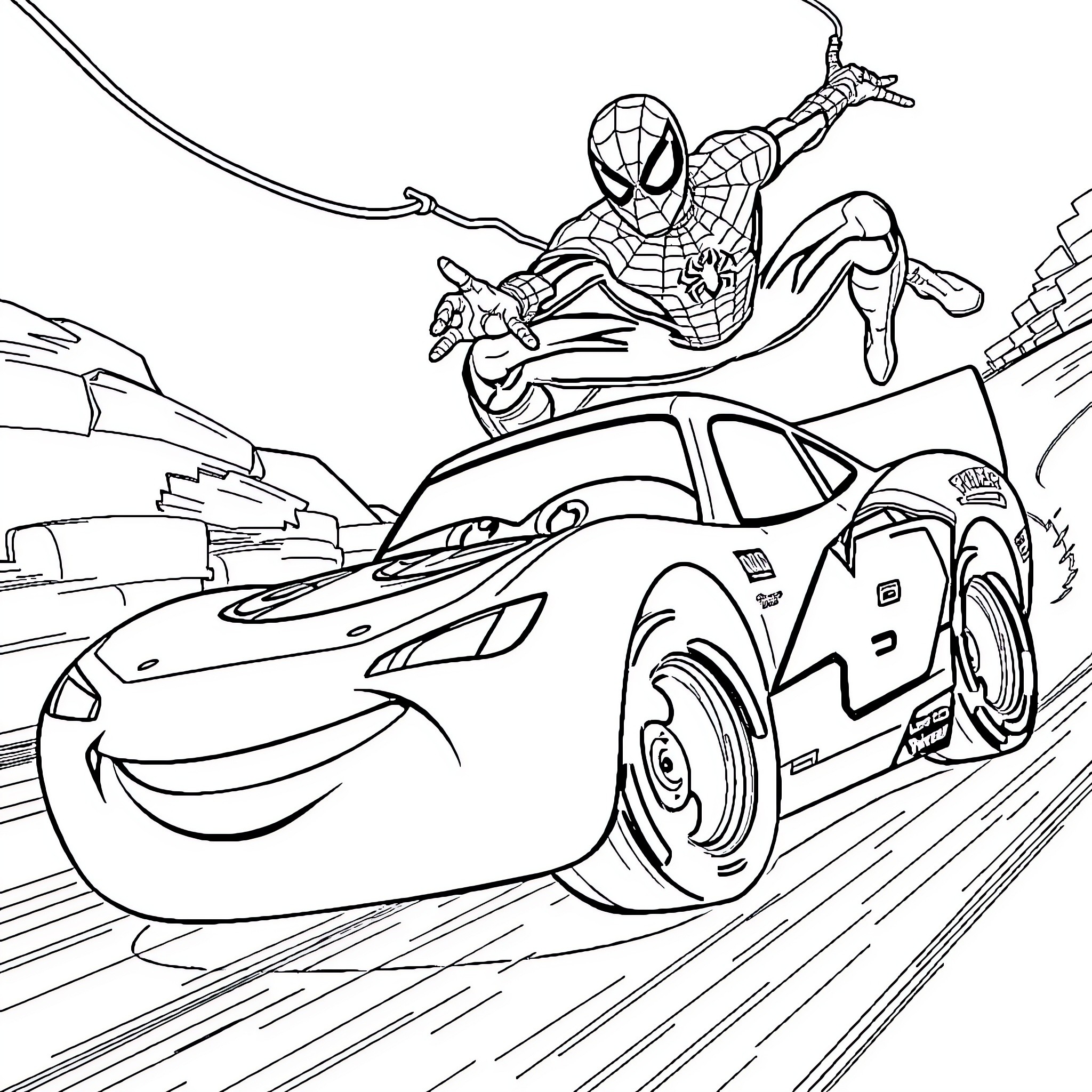 Lightning McQueen racing with Spiderman in the city Coloring Page (free black-and-white line drawing printable PDF for all, from beginners to advanced learners, including children, teens, adults, and seniors)