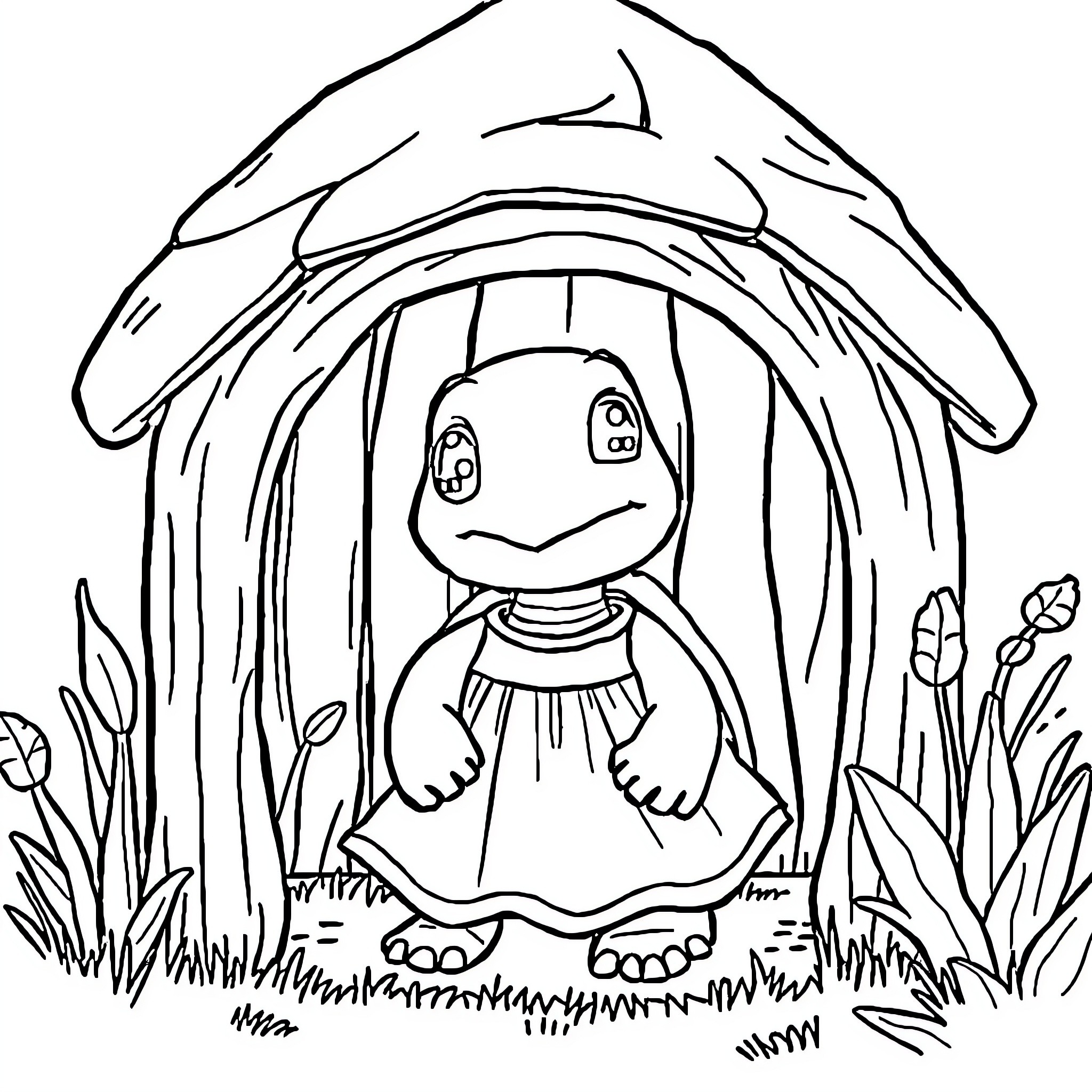 Turtle-shaped house sheltering a smiling creature Coloring Page (free black-and-white line drawing printable PDF for all, from beginners to advanced learners, including children, teens, adults, and seniors)