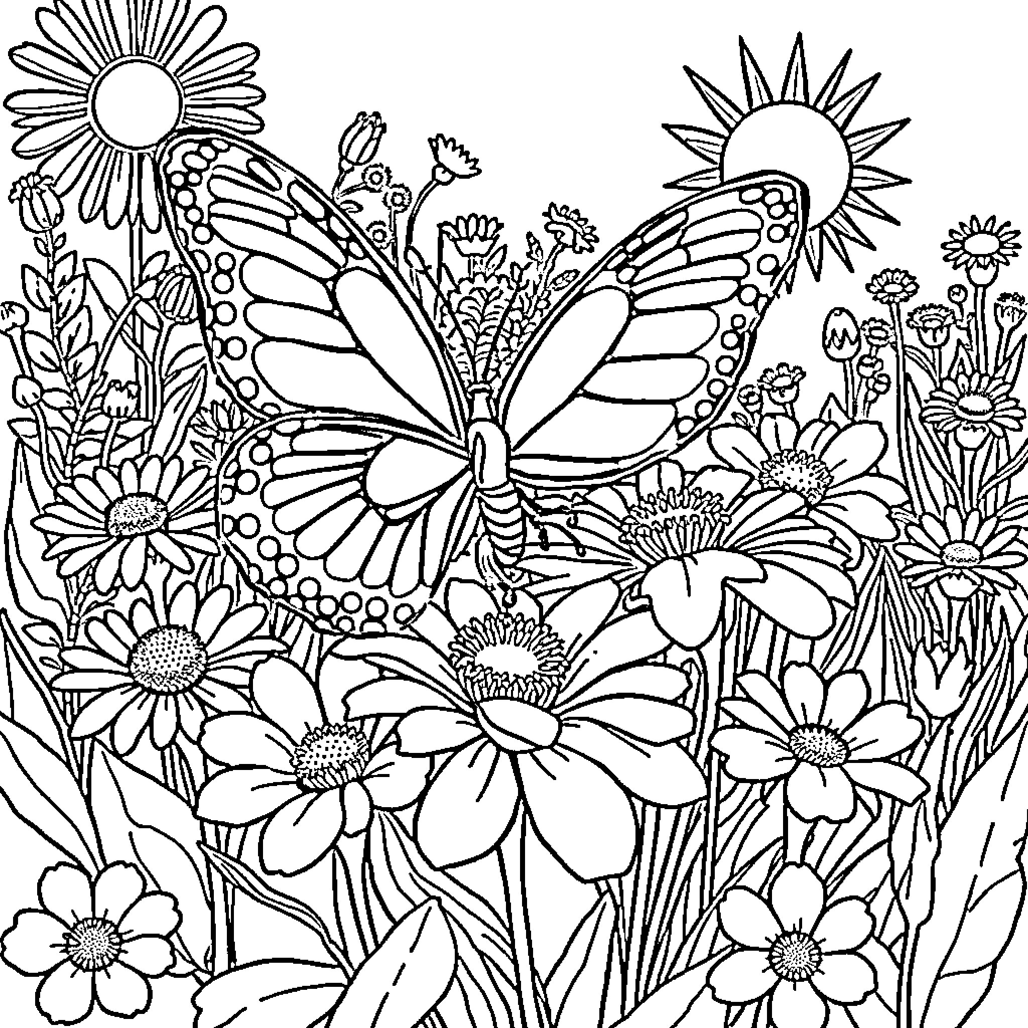 Butterfly amidst vibrant floral field Coloring Page (free black-and-white line drawing printable PDF for all, from beginners to advanced learners, including children, teens, adults, and seniors)