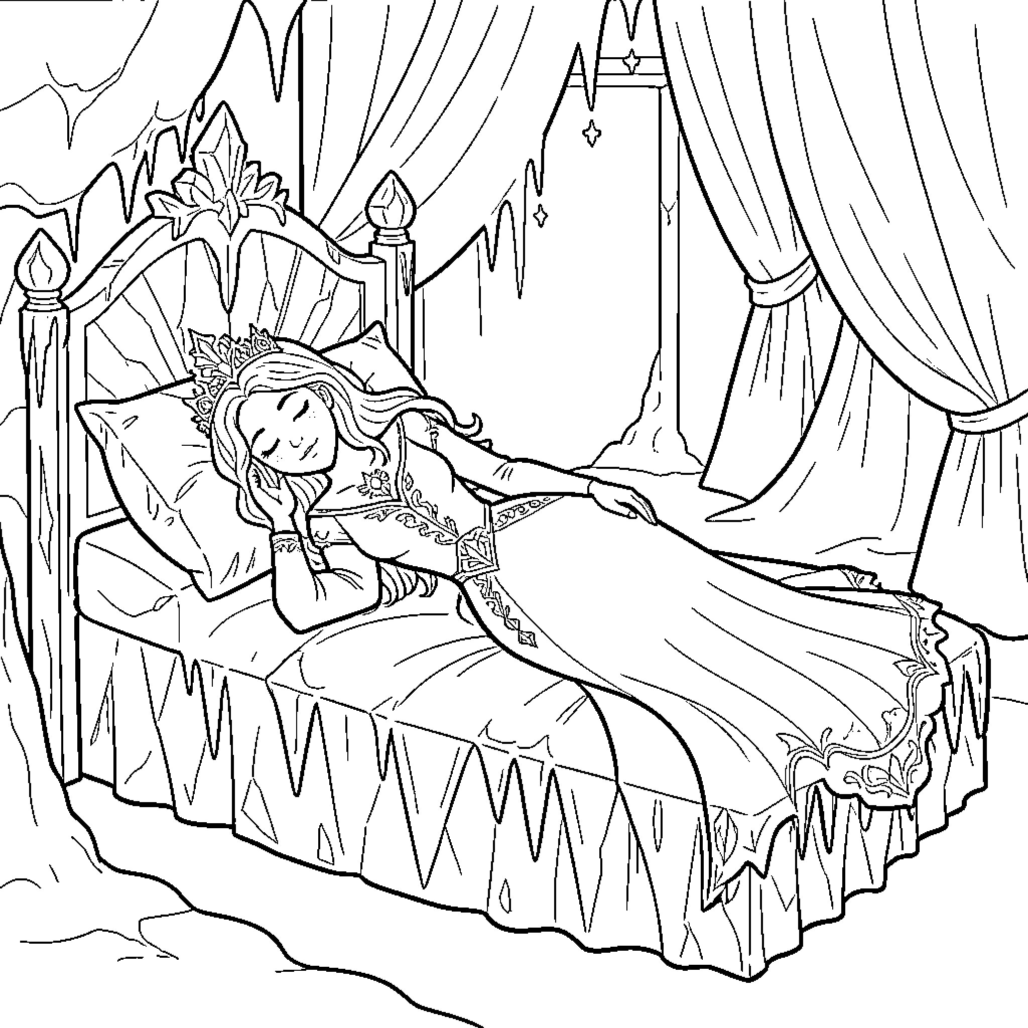 Snow Queen sleeping peacefully in her royal bed Coloring Page (free black-and-white line drawing printable PDF for all, from beginners to advanced learners, including children, teens, adults, and seniors)