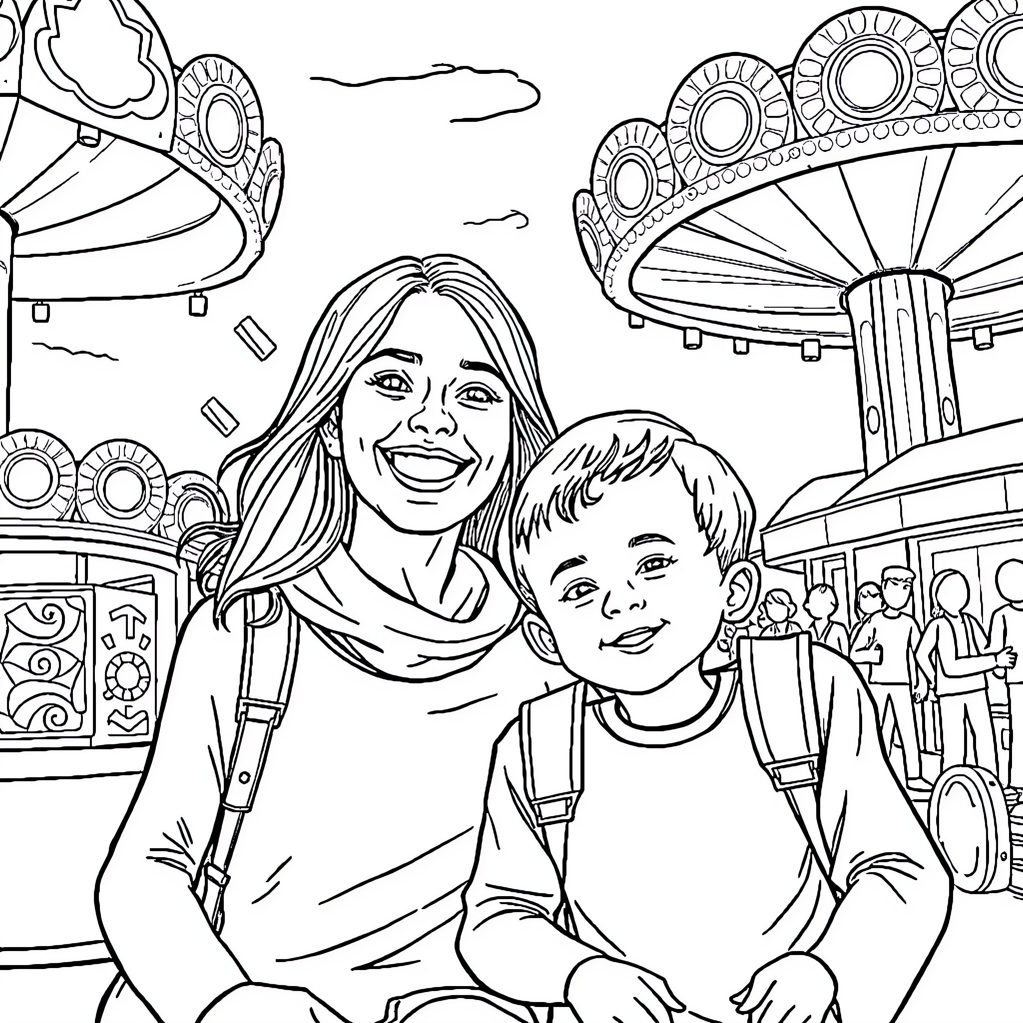 Mom and child enjoying a day at the amusement park Coloring Page (free black-and-white line drawing printable PDF for all, from beginners to advanced learners, including children, teens, adults, and seniors)