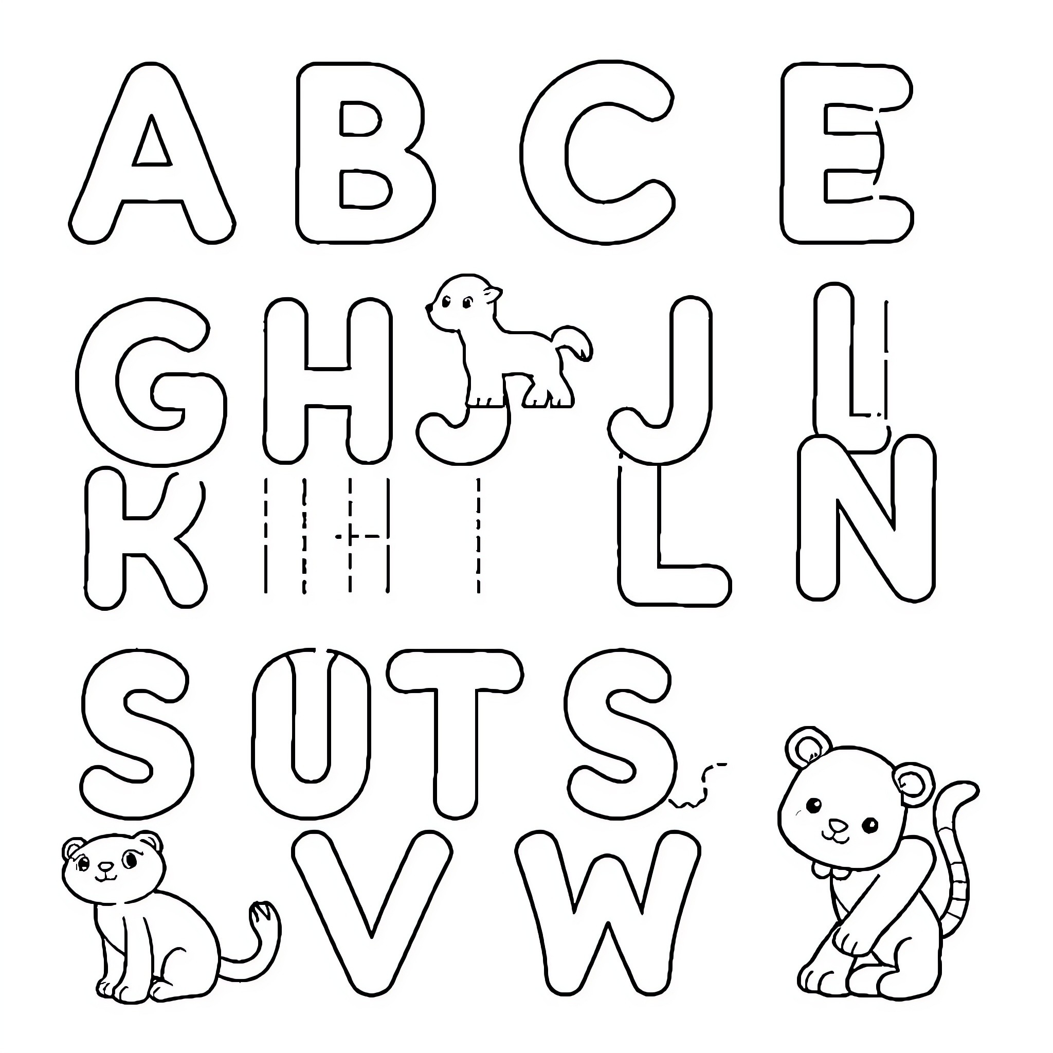 Alphabet animals in outline form Coloring Page (free black-and-white line drawing printable PDF for all, from beginners to advanced learners, including children, teens, adults, and seniors)