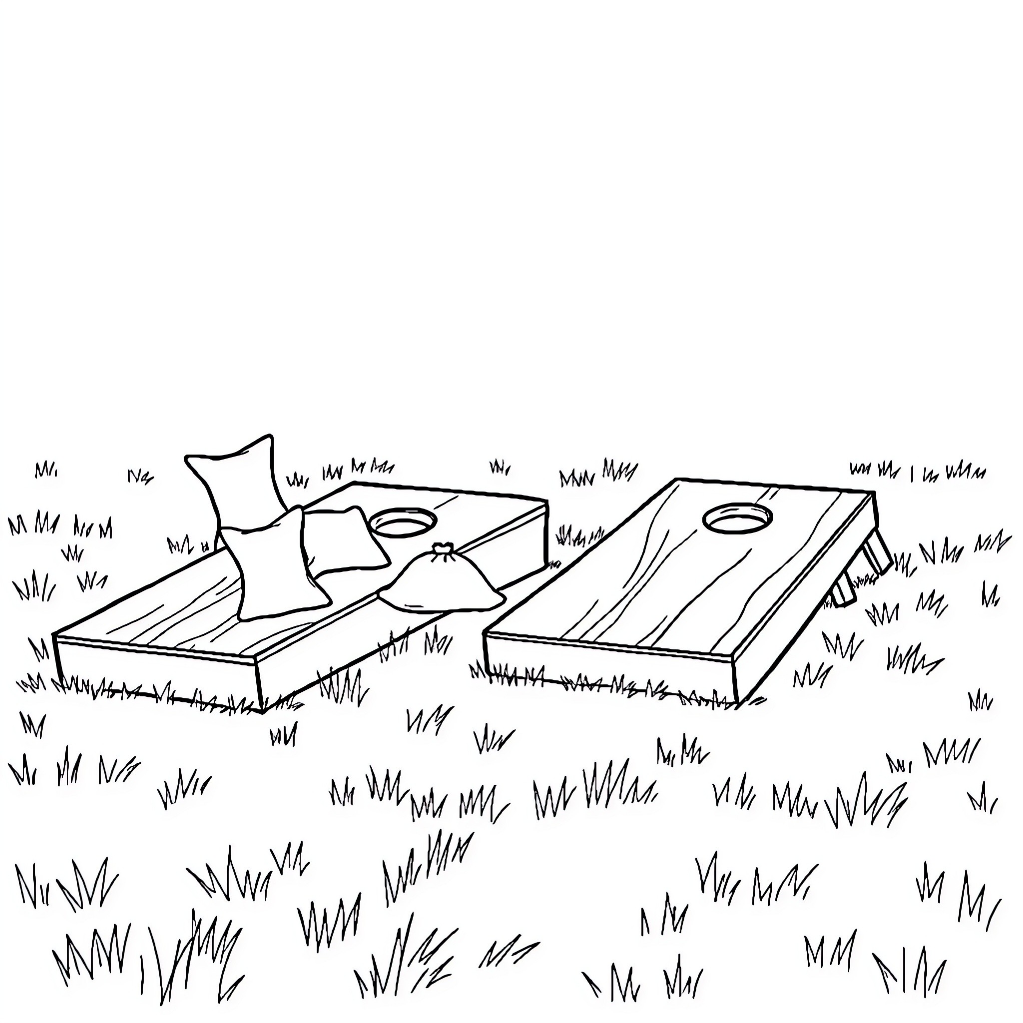 Cornhole game in a grassy outdoor setting Coloring Page (free black-and-white line drawing printable PDF for all, from beginners to advanced learners, including children, teens, adults, and seniors)