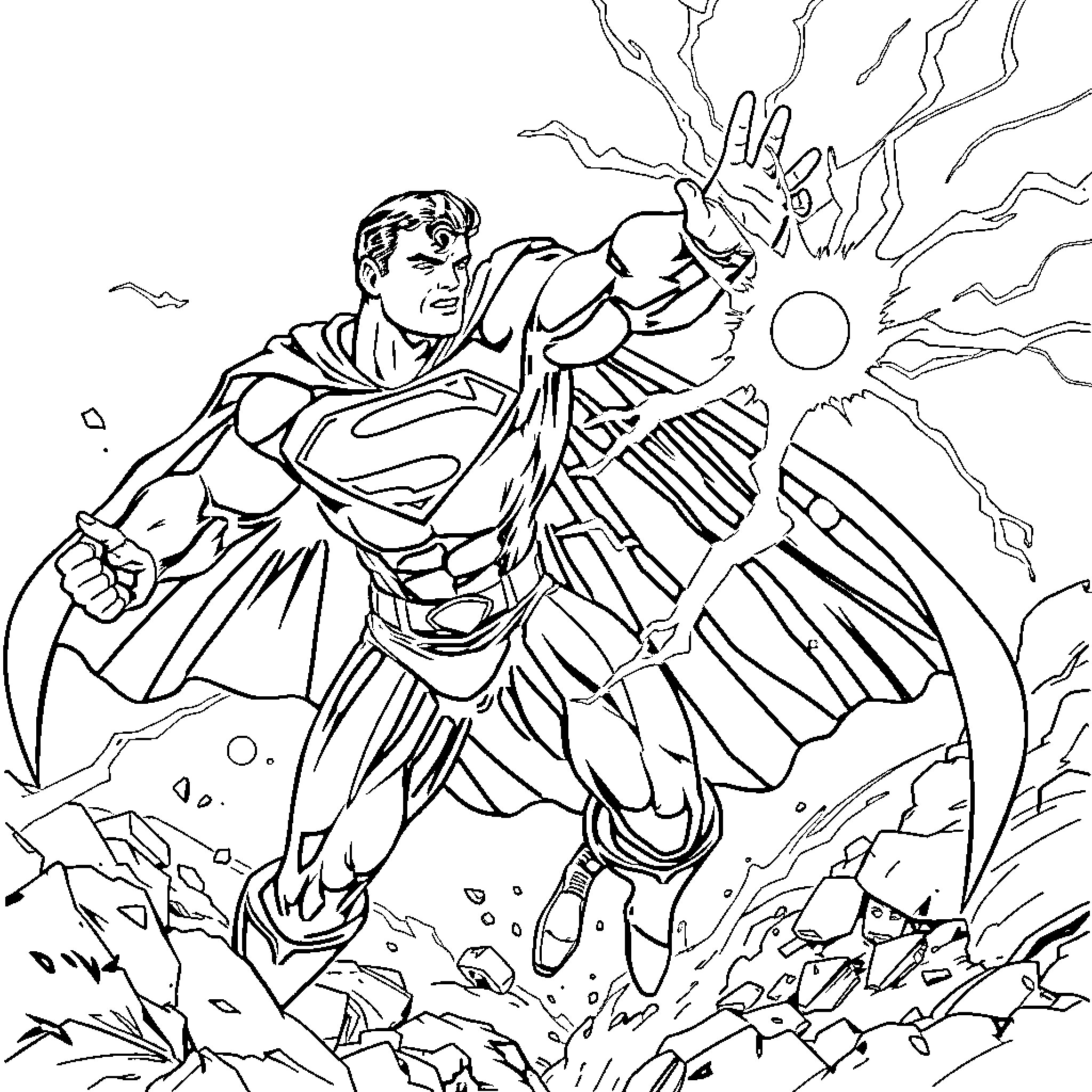 Superman unleashing his heroic power Coloring Page (free black-and-white line drawing printable PDF for all, from beginners to advanced learners, including children, teens, adults, and seniors)