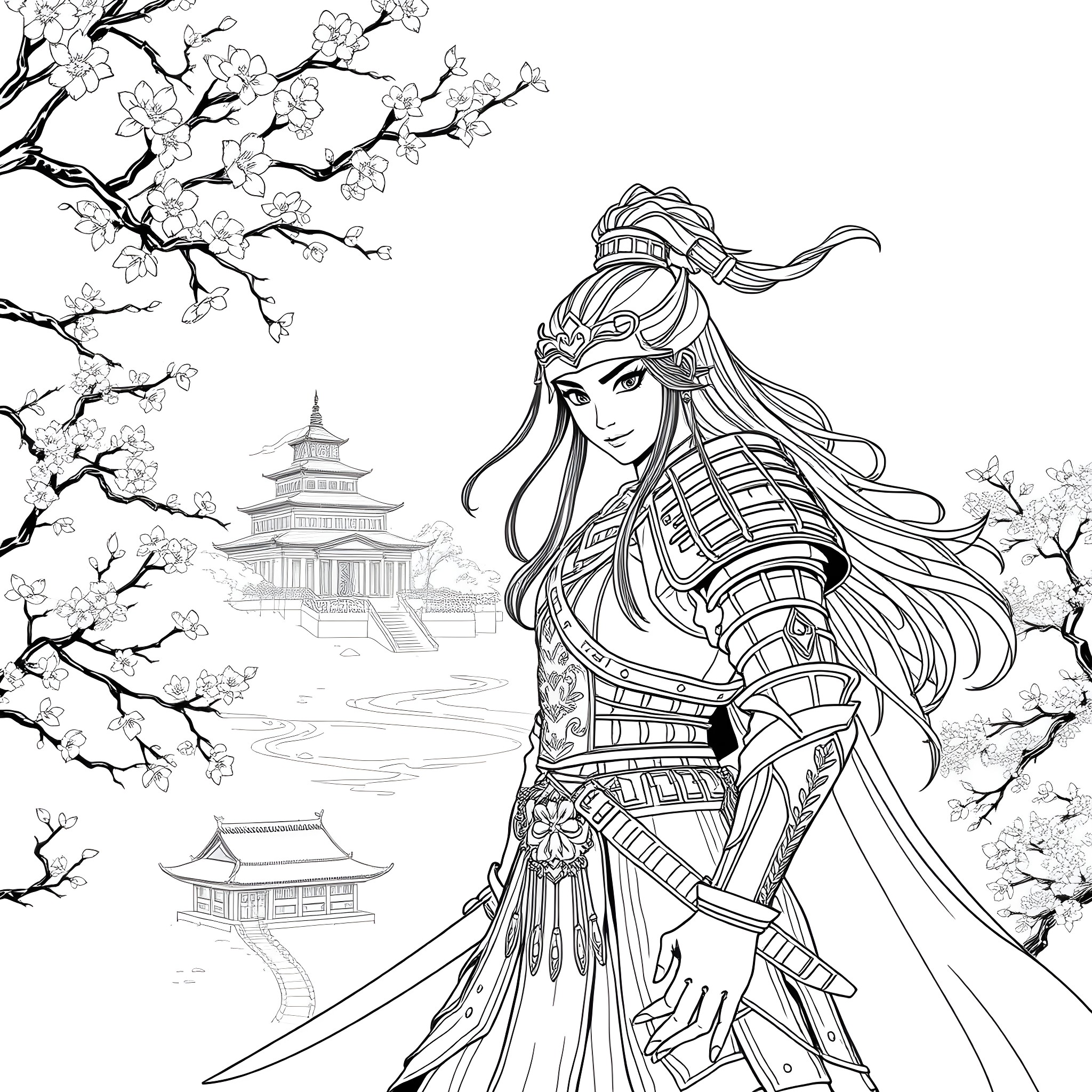 Mulan, the Brave Warrior, in Serene Japanese Landscape Coloring Page (free black-and-white line drawing printable PDF for all, from beginners to advanced learners, including children, teens, adults, and seniors)