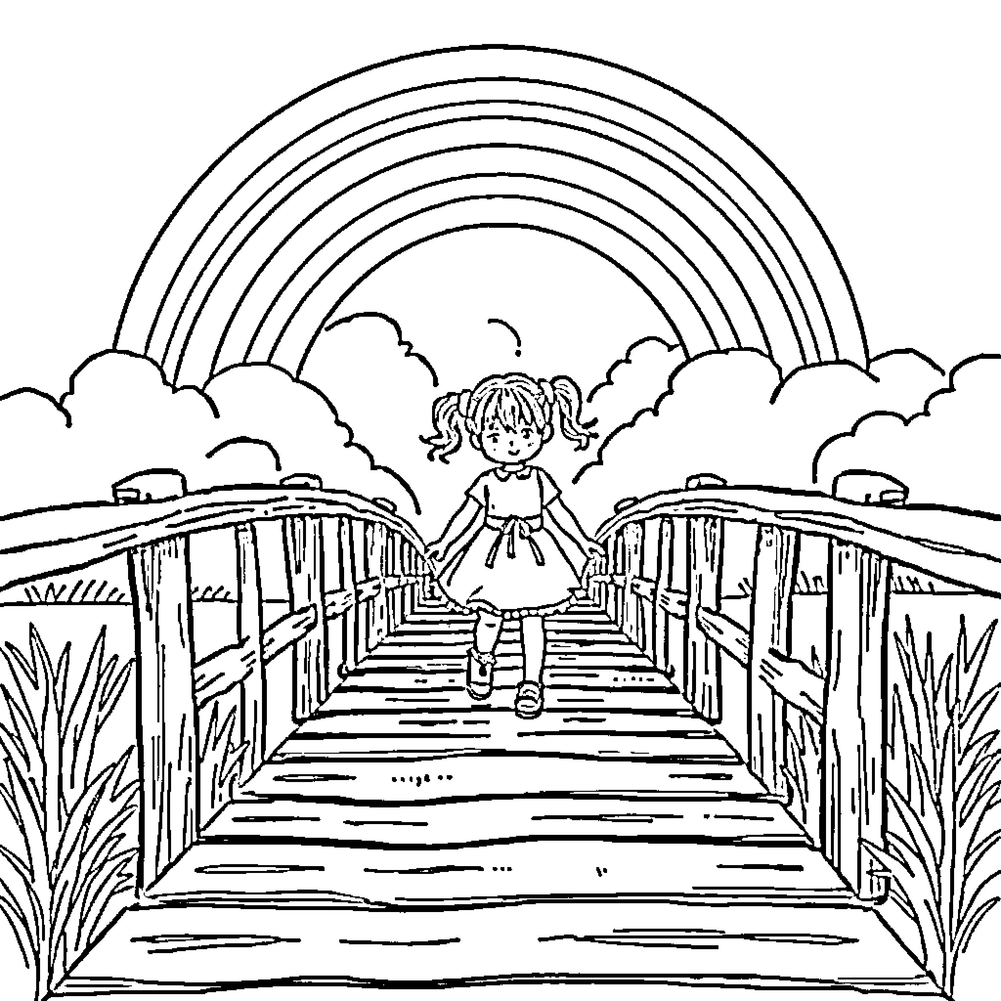Girl exploring a whimsical landscape with a rainbow Coloring Page (free black-and-white line drawing printable PDF for all, from beginners to advanced learners, including children, teens, adults, and seniors)