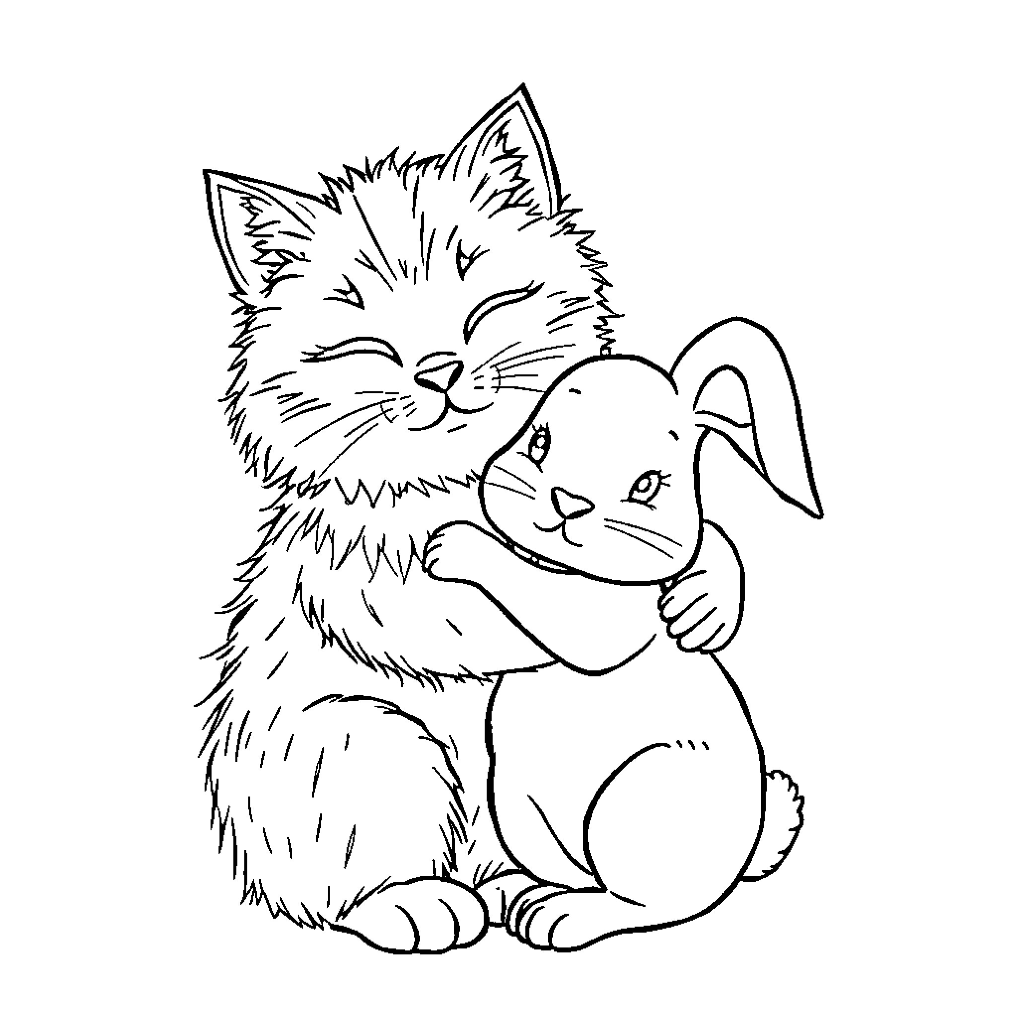 Cat hugging its friend Coloring Page (free black-and-white line drawing printable PDF for all, from beginners to advanced learners, including children, teens, adults, and seniors)