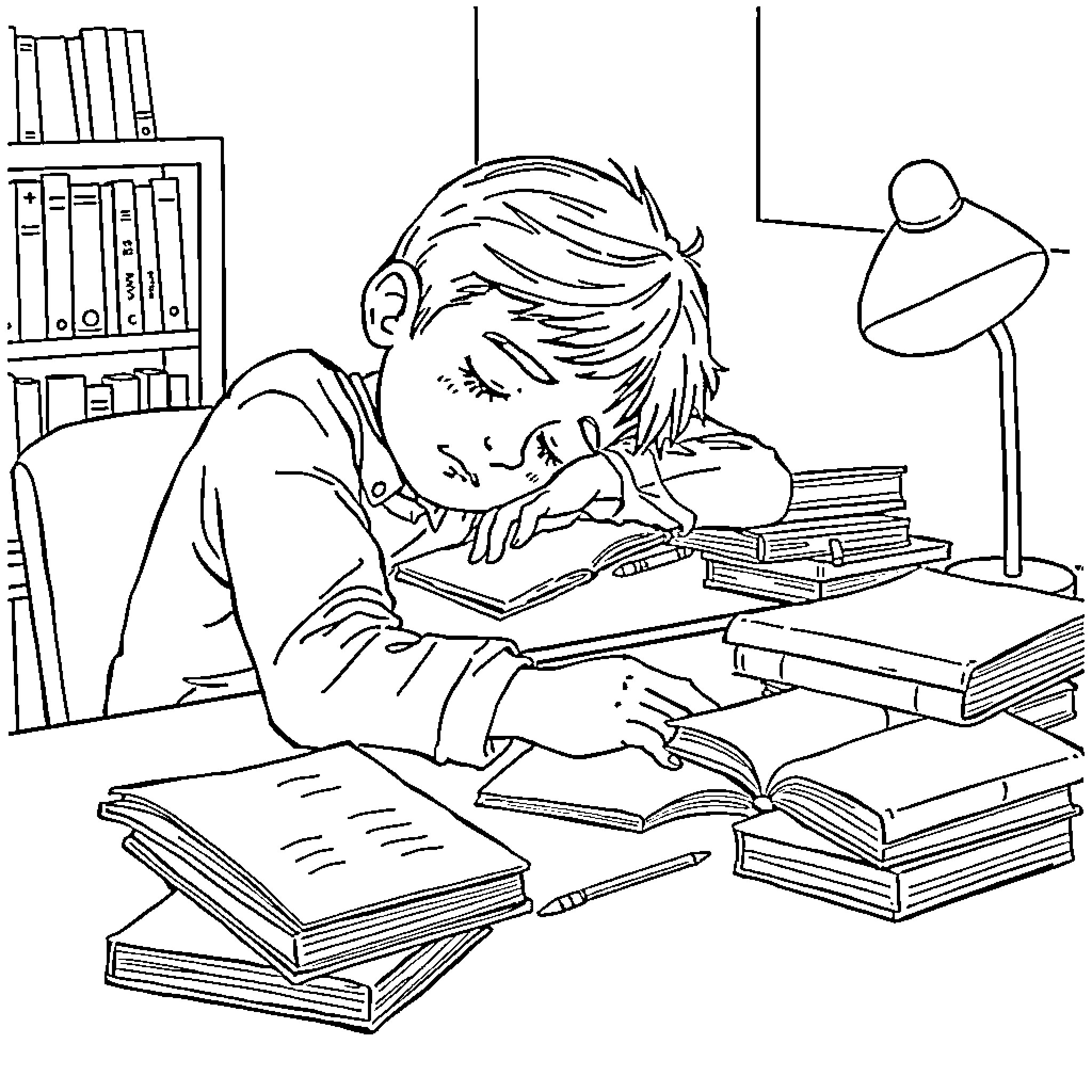 Student studying diligently at desk surrounded by books Coloring Page (free black-and-white line drawing printable PDF for all, from beginners to advanced learners, including children, teens, adults, and seniors)