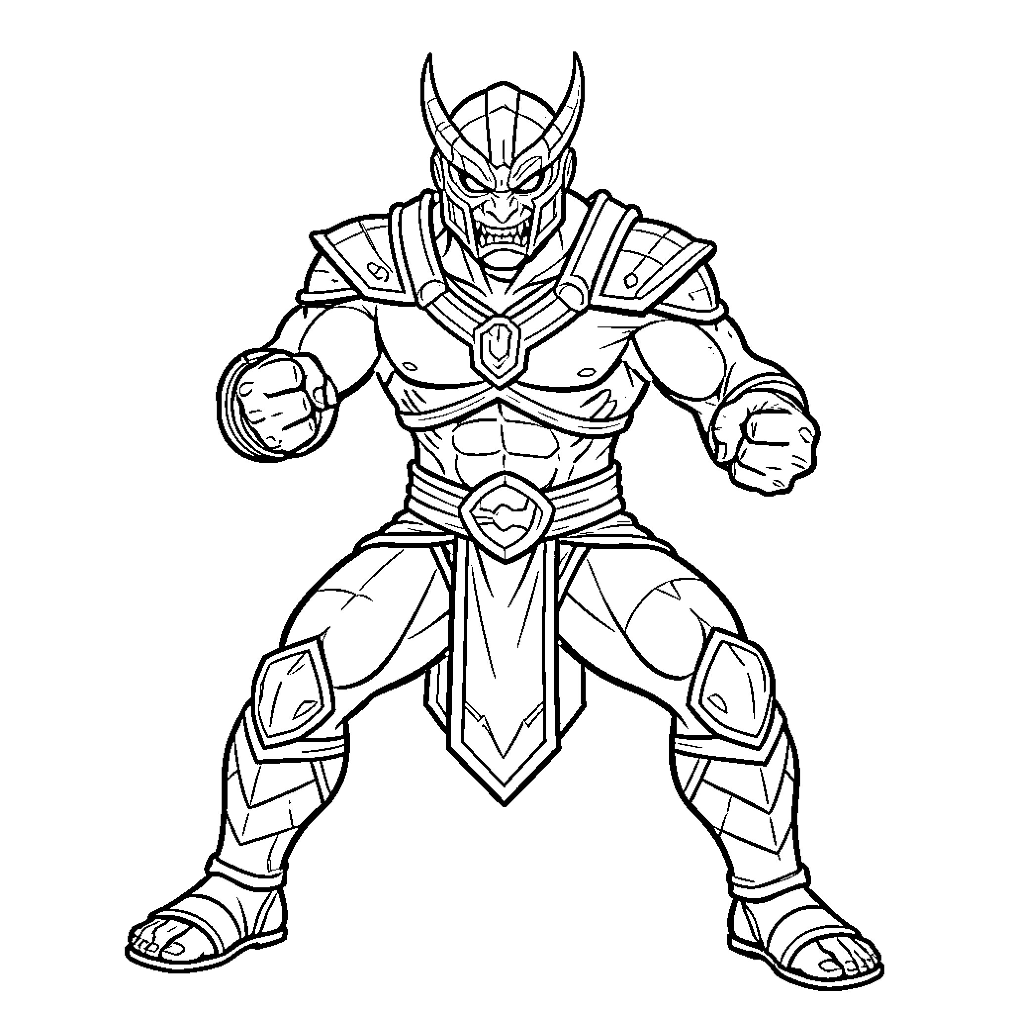Scorpion warrior standing in a powerful battle stance Coloring Page (free black-and-white line drawing printable PDF for all, from beginners to advanced learners, including children, teens, adults, and seniors)