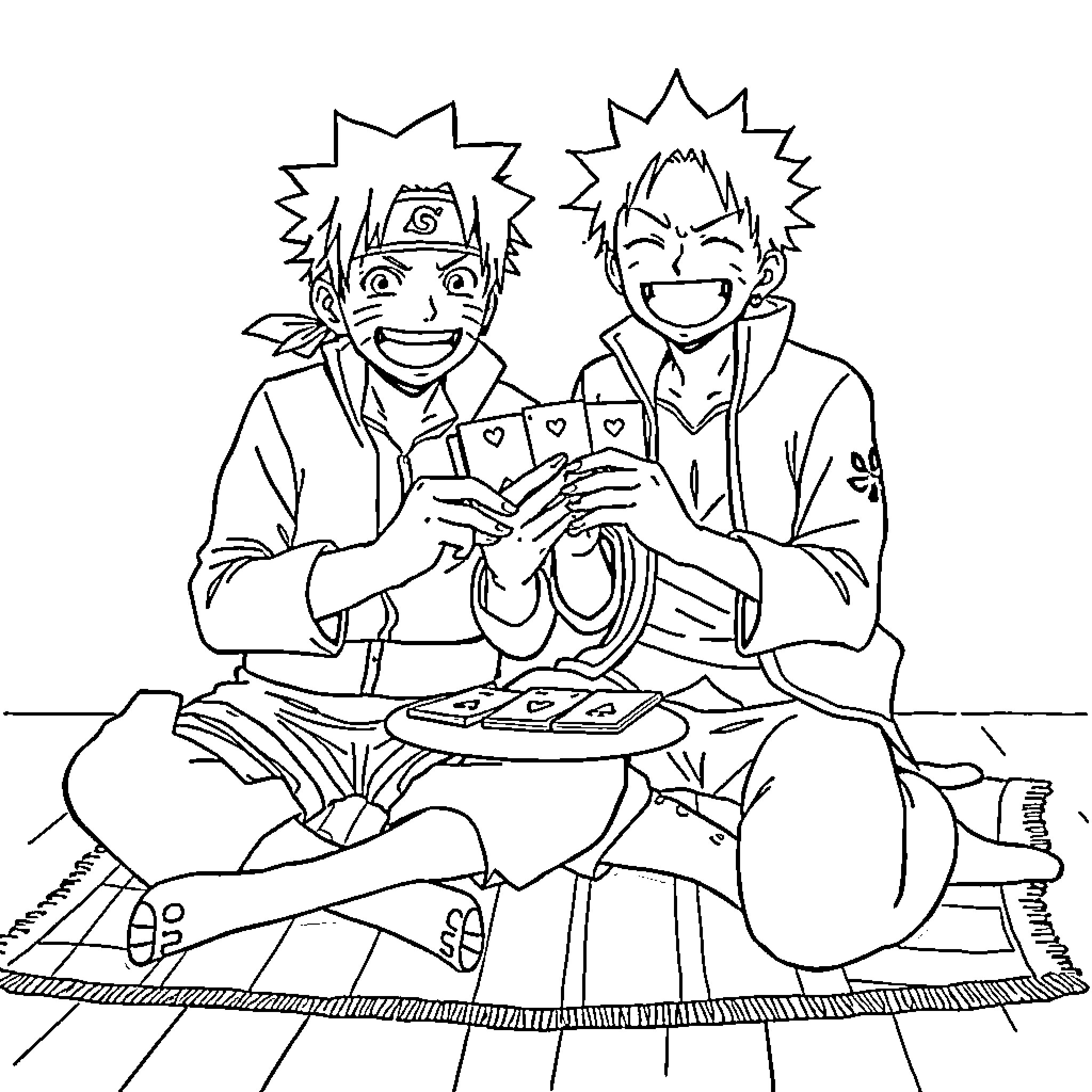 Naruto and friends enjoying a lively picnic Coloring Page (free black-and-white line drawing printable PDF for all, from beginners to advanced learners, including children, teens, adults, and seniors)