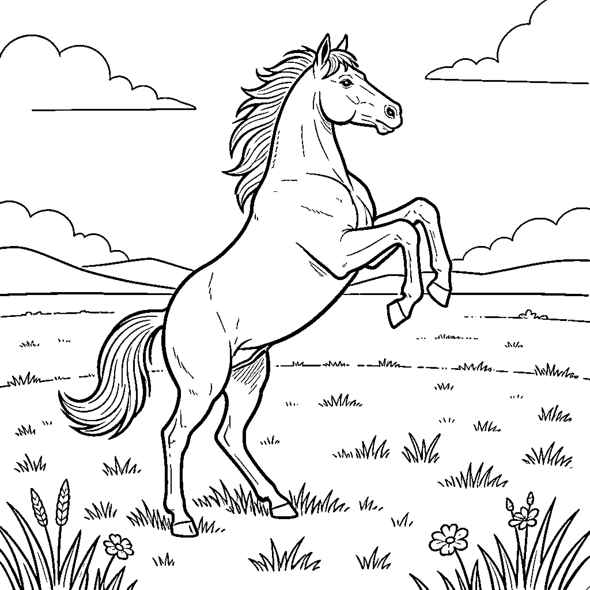 Mustang rearing up majestically in a grassy field Coloring Page (free black-and-white line drawing printable PDF for all, from beginners to advanced learners, including children, teens, adults, and seniors)