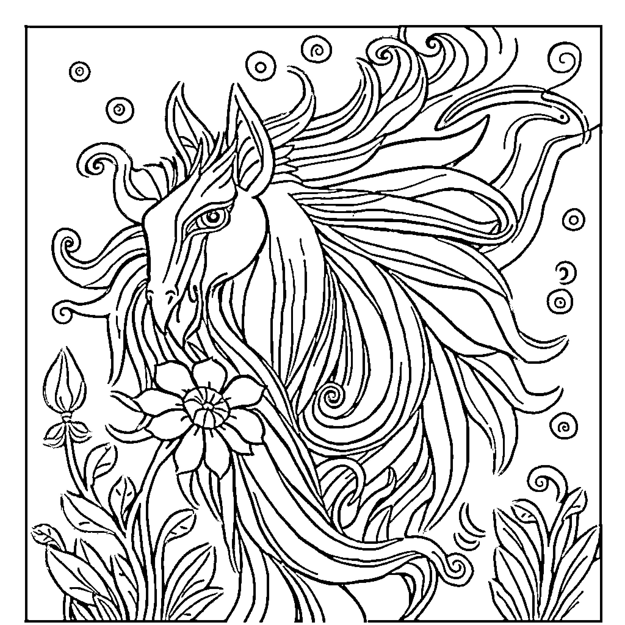 Turner's Fantastical Aquatic Creature with Floral Elements Coloring Page (free black-and-white line drawing printable PDF for all, from beginners to advanced learners, including children, teens, adults, and seniors)