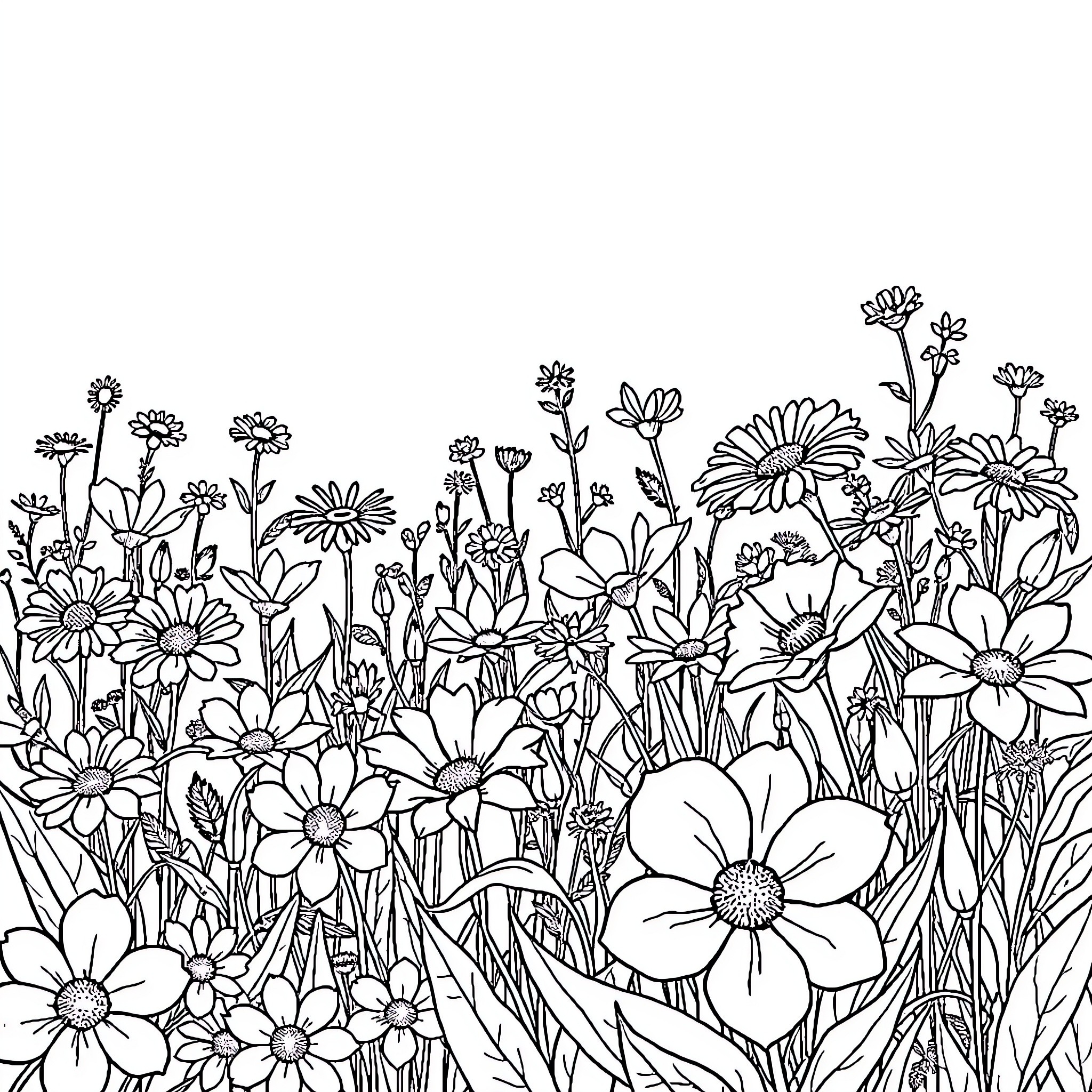 Flower field with diverse blooming plants Coloring Page (free black-and-white line drawing printable PDF for all, from beginners to advanced learners, including children, teens, adults, and seniors)