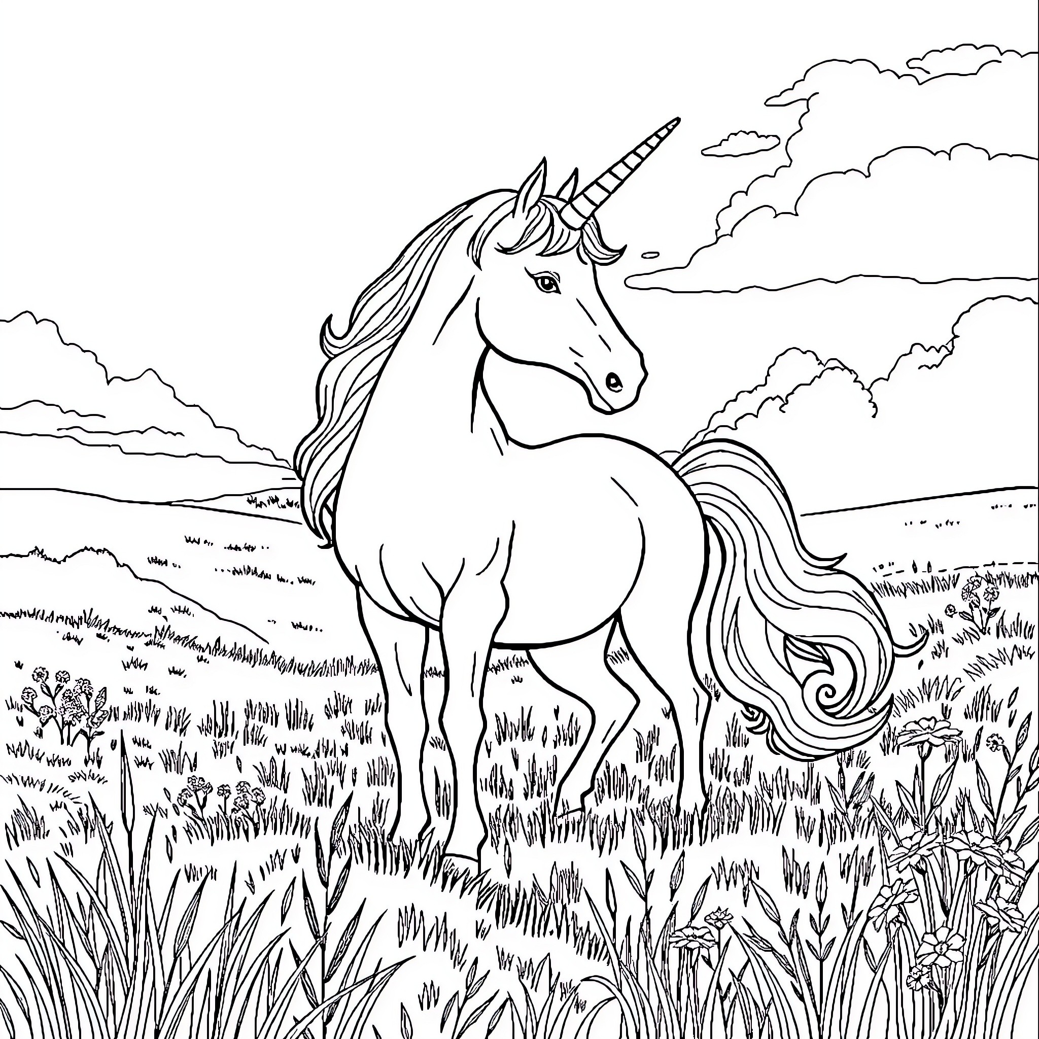 Unicorn standing majestic in a grassy field Coloring Page (free black-and-white line drawing printable PDF for all, from beginners to advanced learners, including children, teens, adults, and seniors)