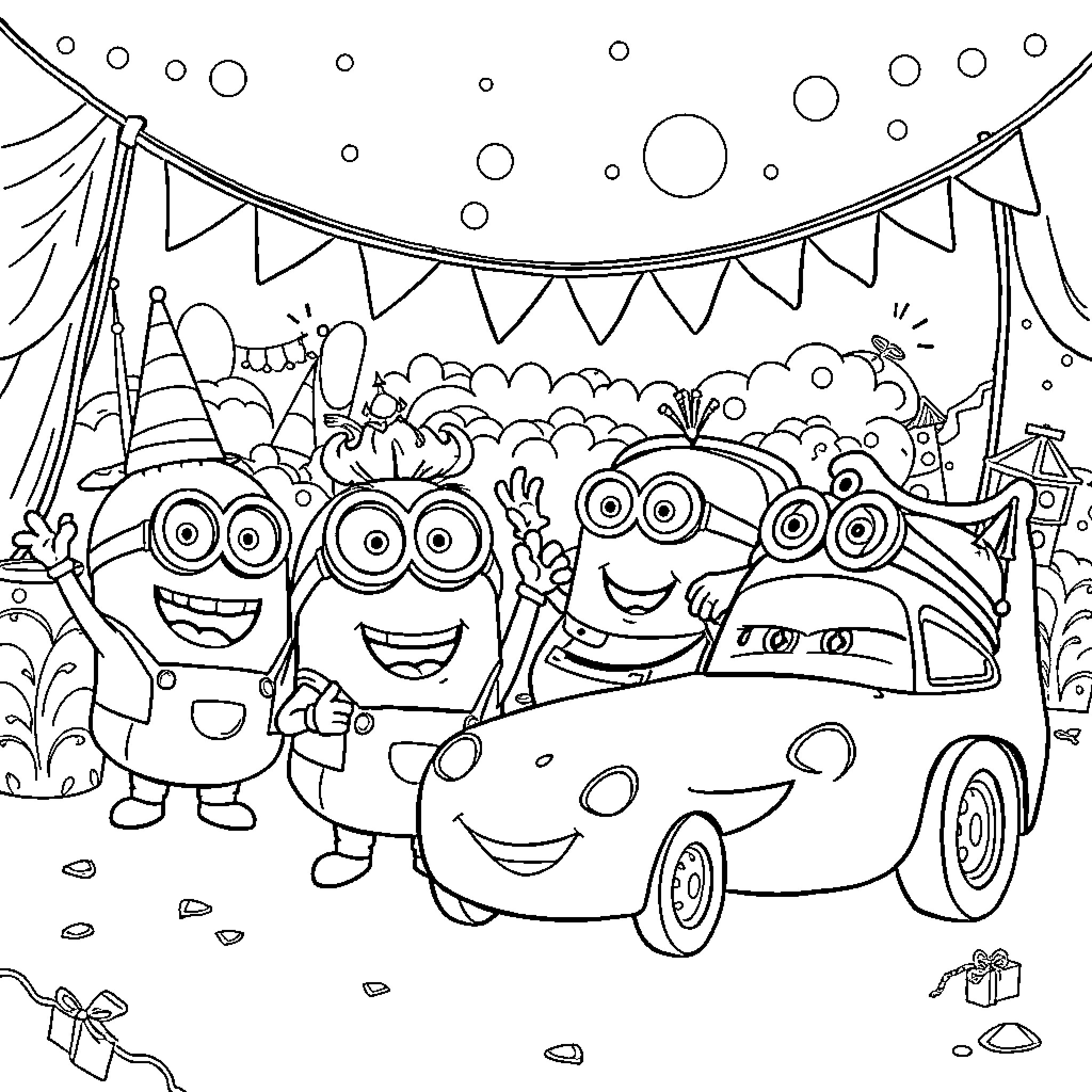 Minions having a fun party in the park Coloring Page (free black-and-white line drawing printable PDF for all, from beginners to advanced learners, including children, teens, adults, and seniors)