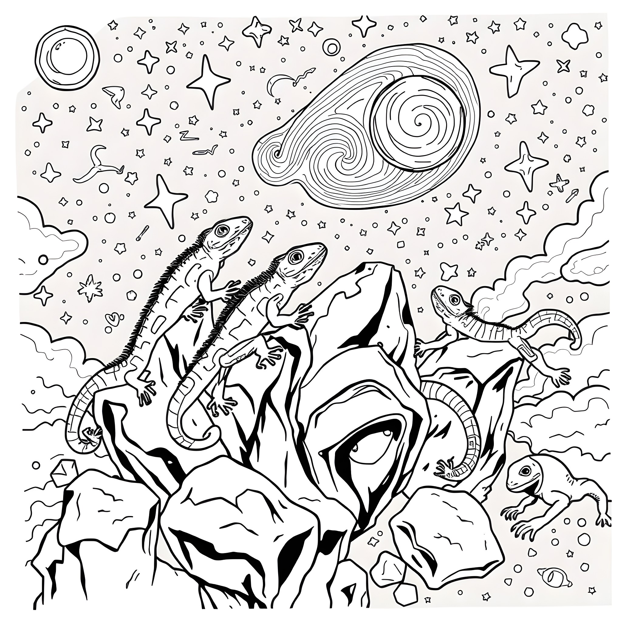 Lizard exploring the cosmic landscape Coloring Page (free black-and-white line drawing printable PDF for all, from beginners to advanced learners, including children, teens, adults, and seniors)