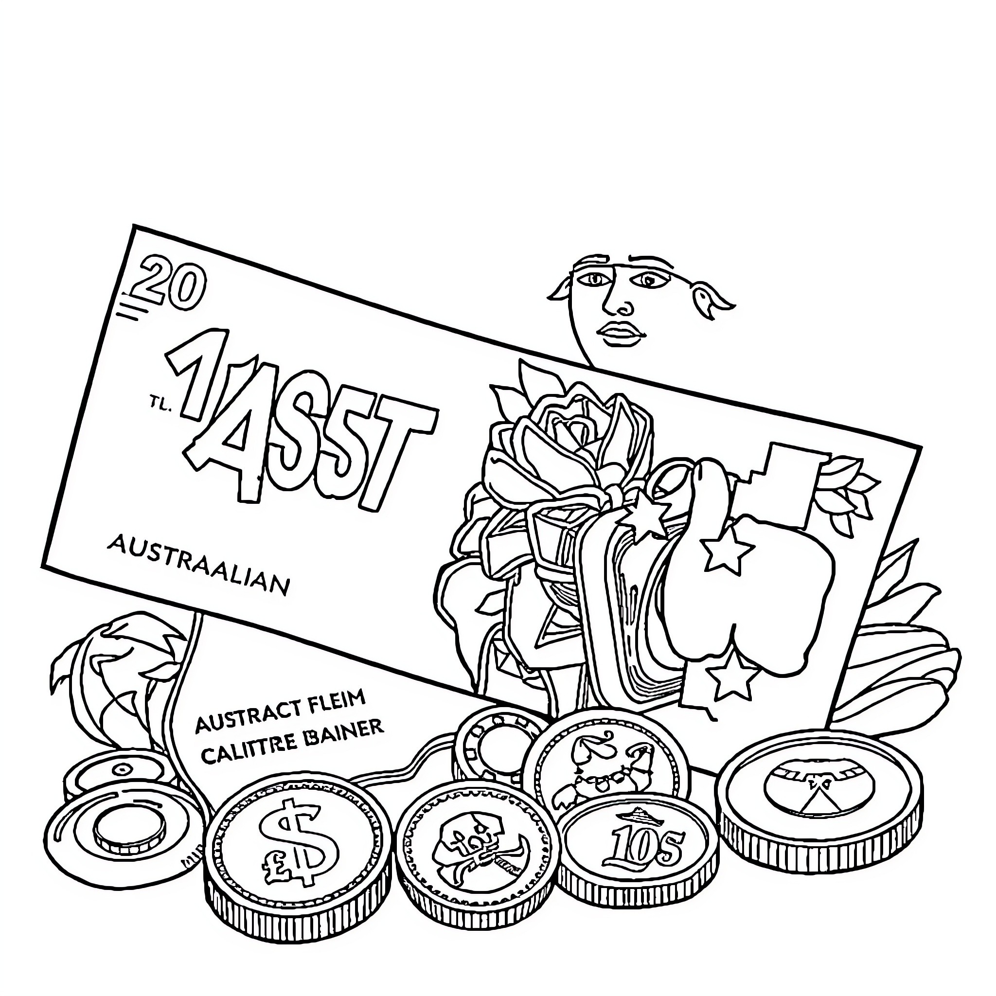 Money, Coins, and Abstract Artwork on Australian Banknote Coloring Page (free black-and-white line drawing printable PDF for all, from beginners to advanced learners, including children, teens, adults, and seniors)