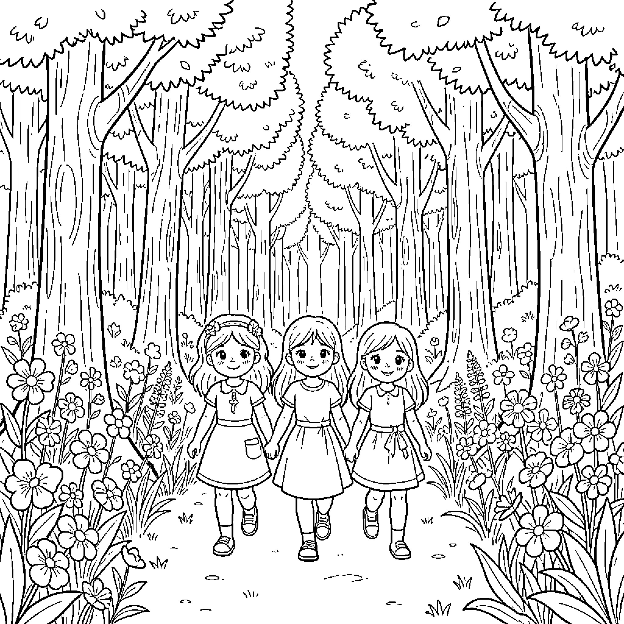 Nina and her friends explore the enchanted forest Coloring Page (free black-and-white line drawing printable PDF for all, from beginners to advanced learners, including children, teens, adults, and seniors)