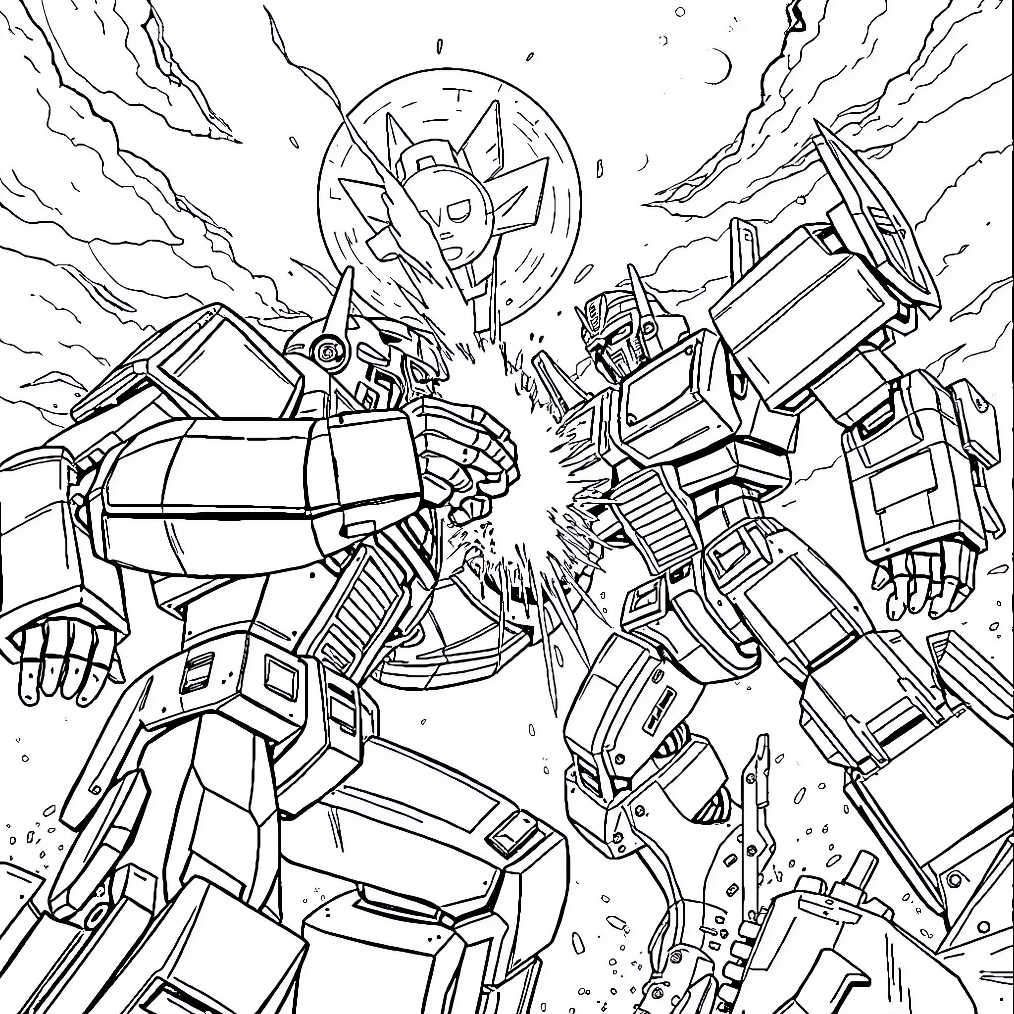 Optimus Prime leading a team of Autobots into battle Coloring Page (free black-and-white line drawing printable PDF for all, from beginners to advanced learners, including children, teens, adults, and seniors)