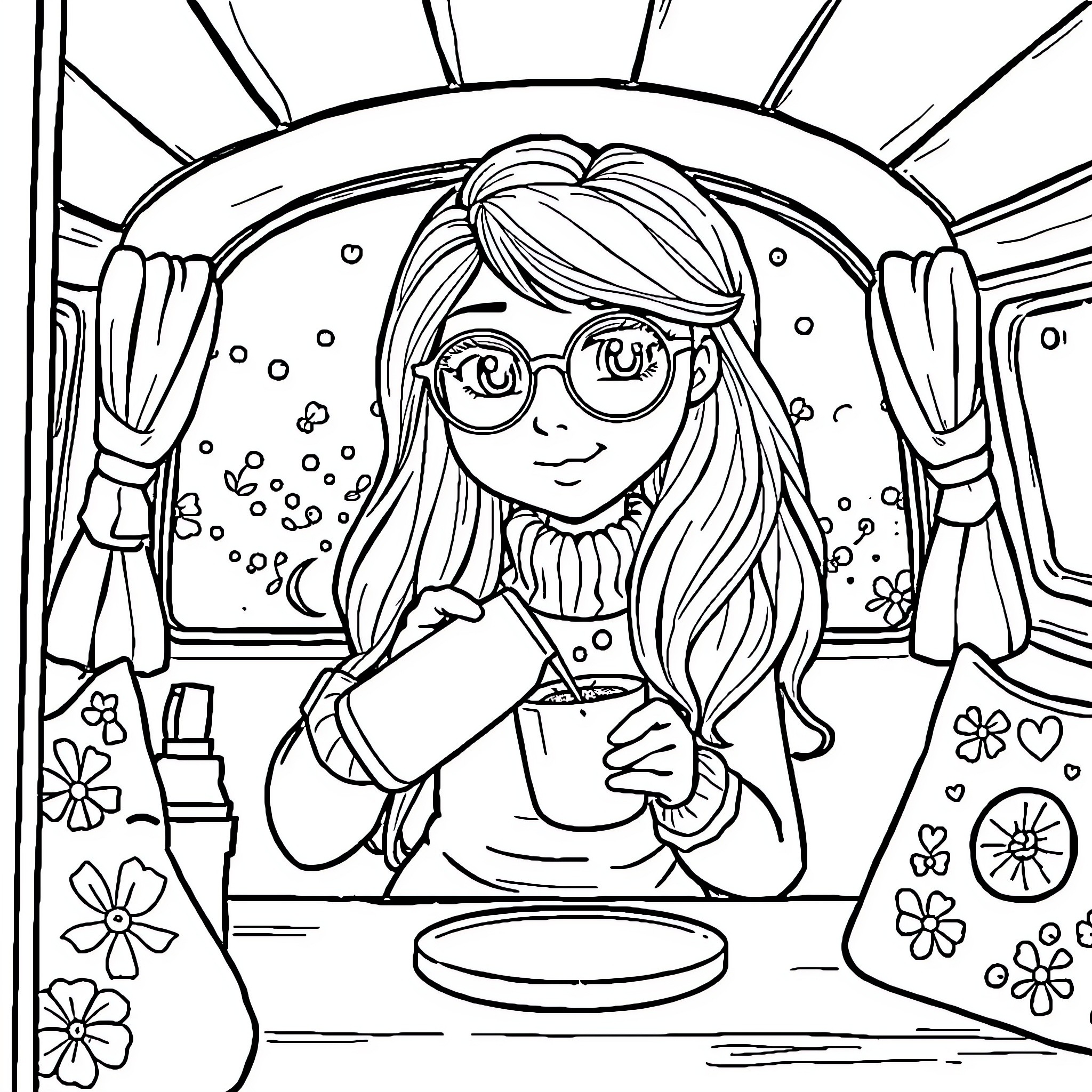 Lady Crafting Joyfully in Her Vibrant Studio Coloring Page (free black-and-white line drawing printable PDF for all, from beginners to advanced learners, including children, teens, adults, and seniors)