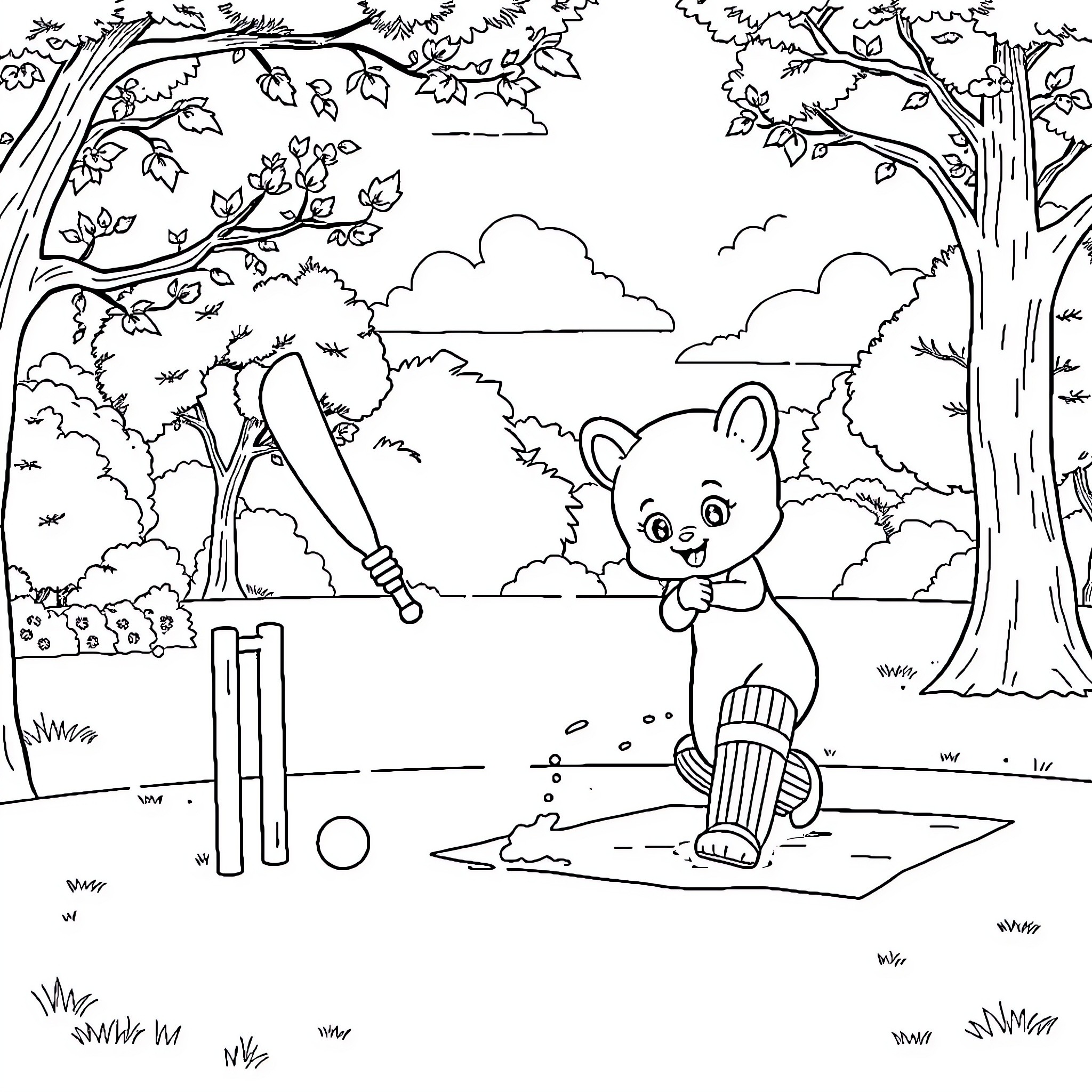 Kuromi playing cricket in the forest Coloring Page (free black-and-white line drawing printable PDF for all, from beginners to advanced learners, including children, teens, adults, and seniors)