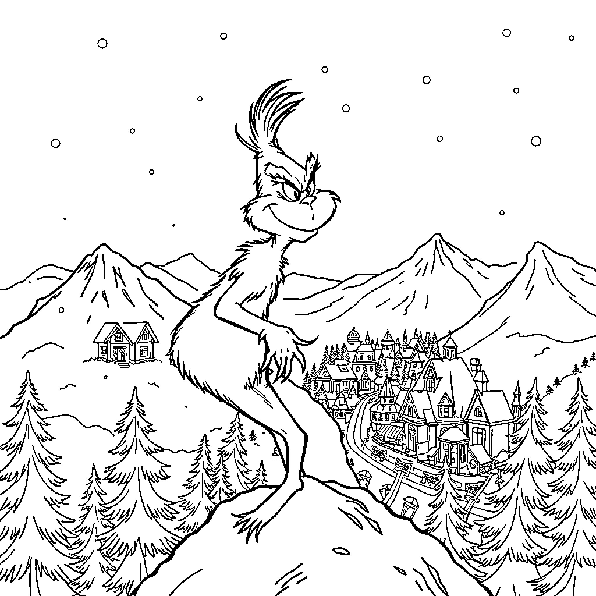 Grinch Overlooking Wintery Mountain Village Coloring Page (free black-and-white line drawing printable PDF for all, from beginners to advanced learners, including children, teens, adults, and seniors)