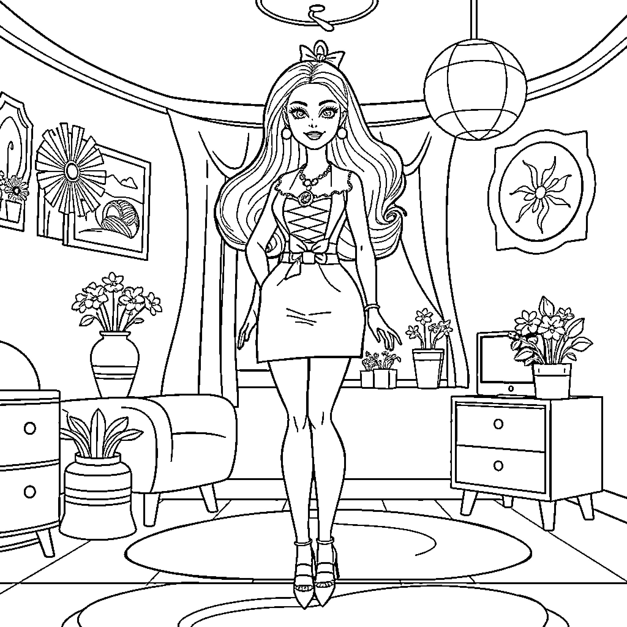 Barbie posing confidently in a stylish room Coloring Page (free black-and-white line drawing printable PDF for all, from beginners to advanced learners, including children, teens, adults, and seniors)