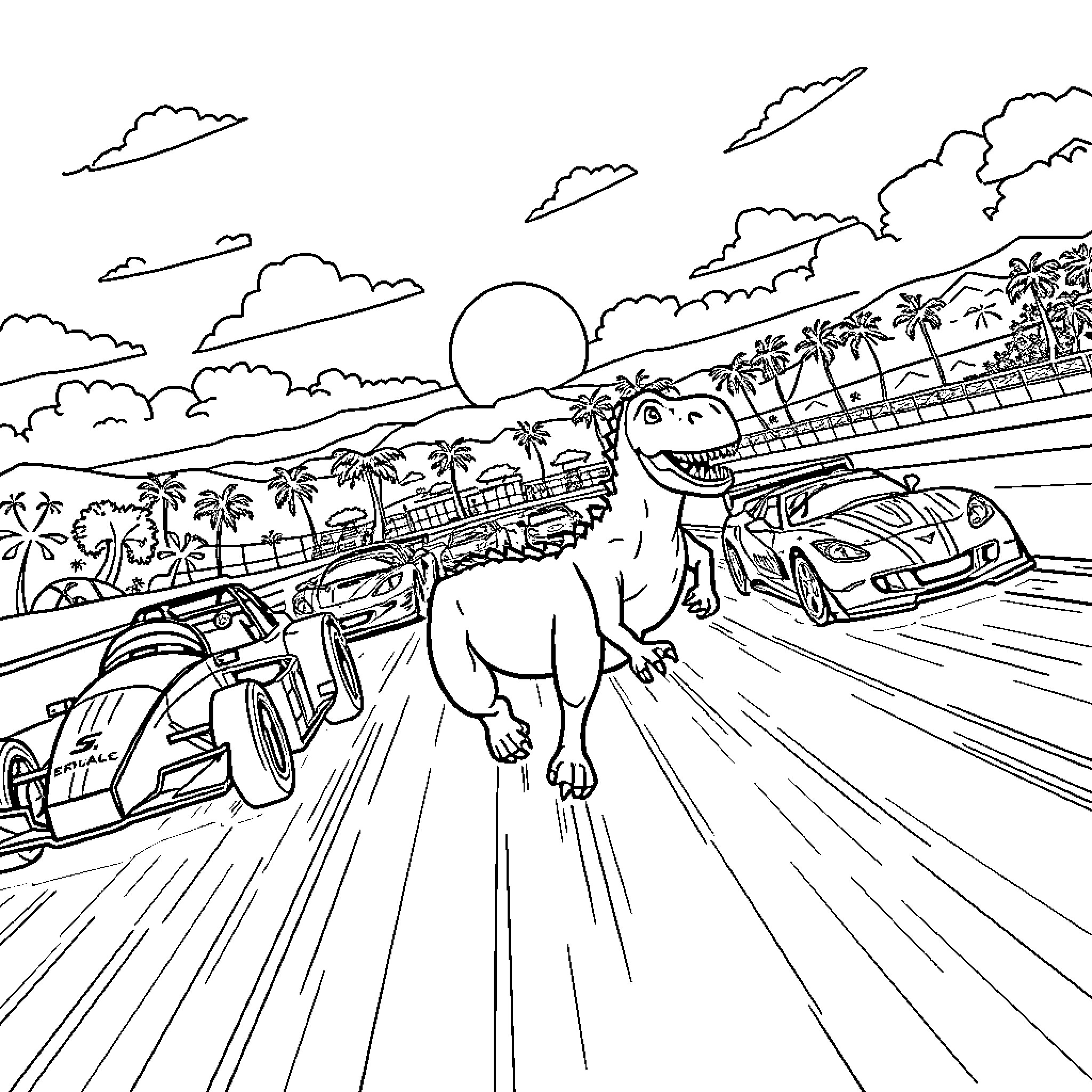 Dinosaur drives through tropical landscape with cars Coloring Page (free black-and-white line drawing printable PDF for all, from beginners to advanced learners, including children, teens, adults, and seniors)