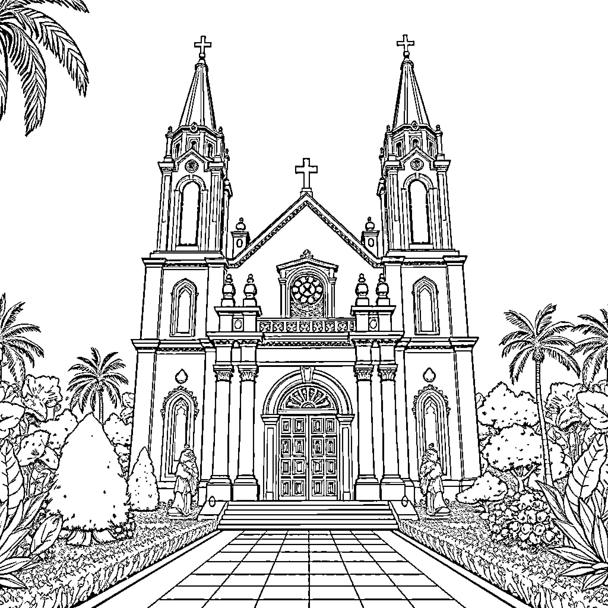 Templo de estilo neogótico con detalles ornamentados Coloring Page (free black-and-white line drawing printable PDF for all, from beginners to advanced learners, including children, teens, adults, and seniors)