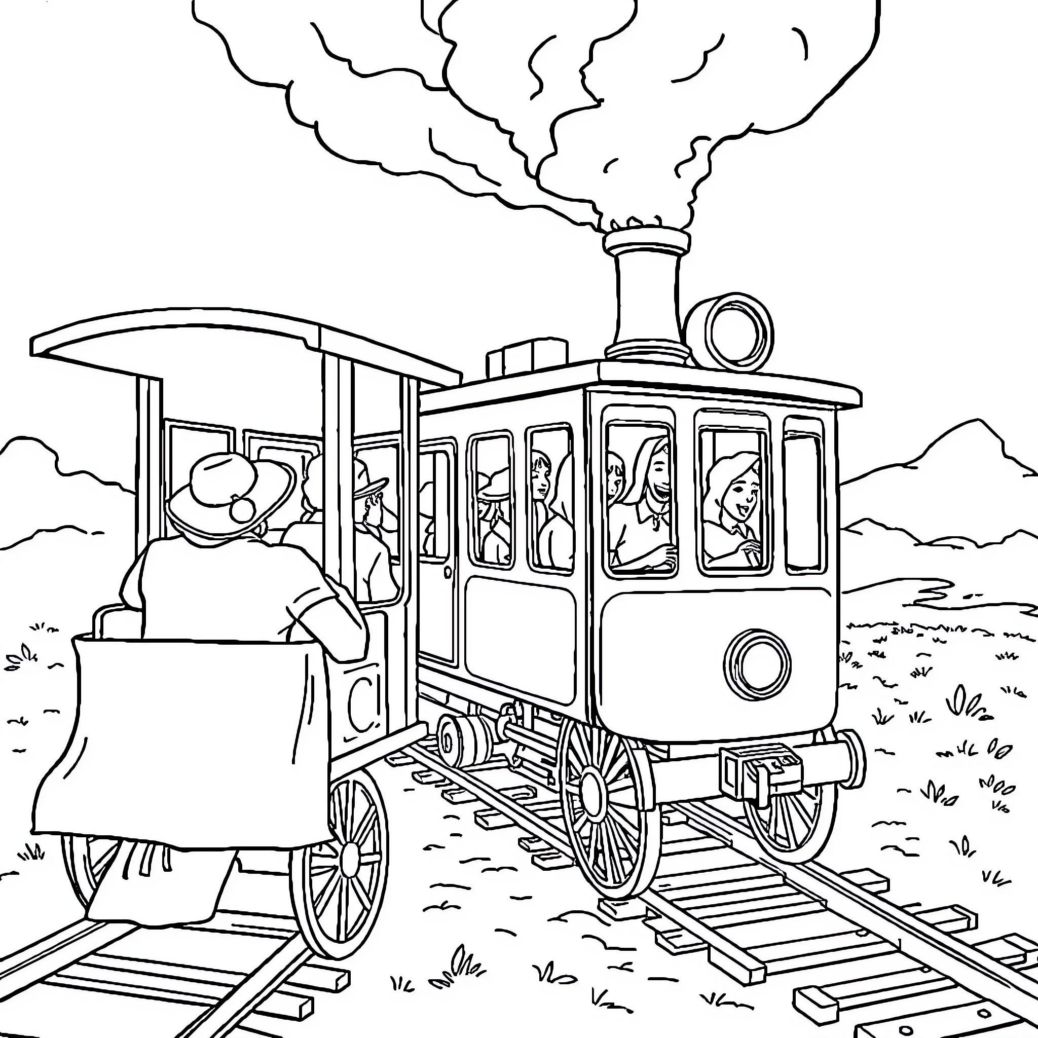 Train transporting passengers through countryside Coloring Page (free black-and-white line drawing printable PDF for all, from beginners to advanced learners, including children, teens, adults, and seniors)